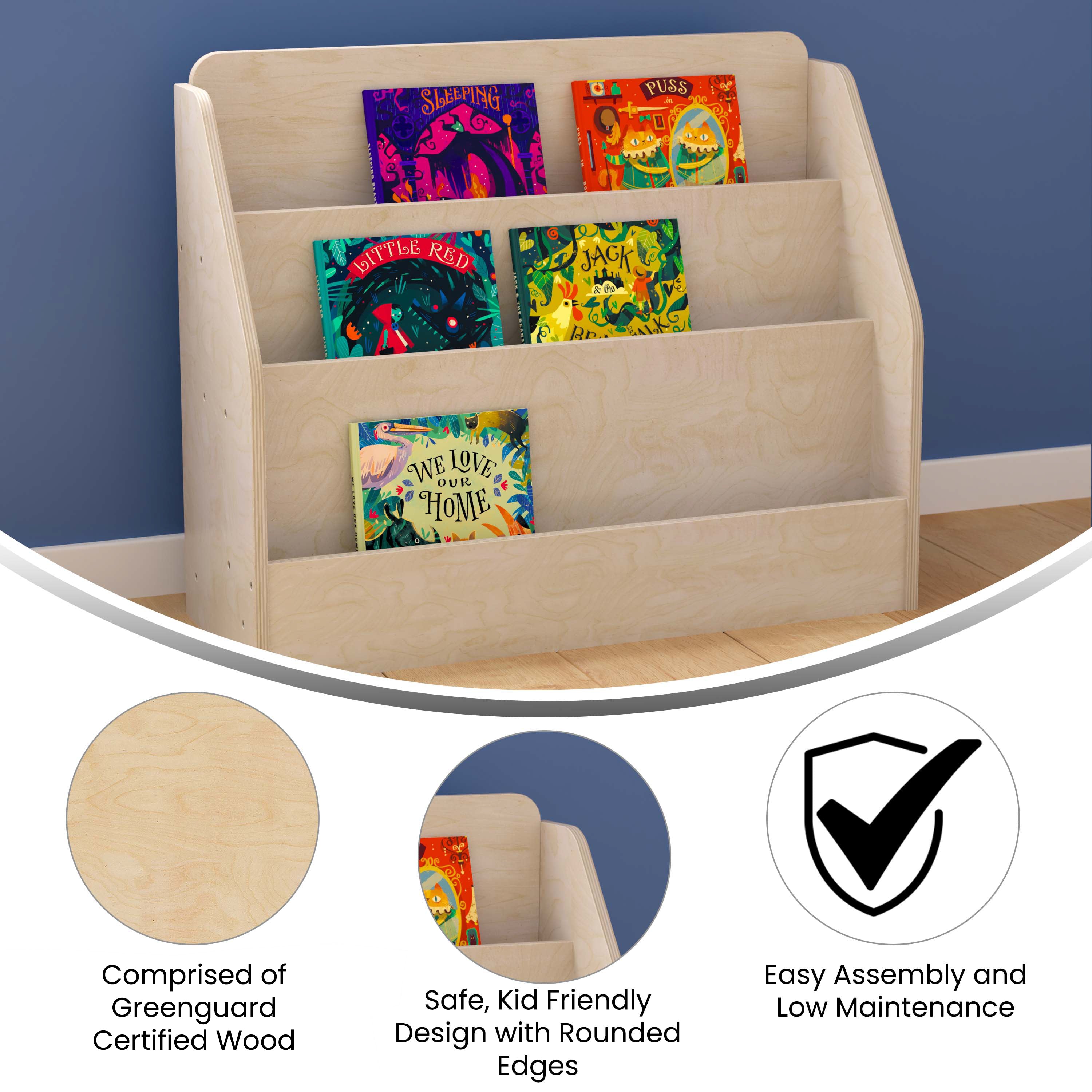 Bright Beginnings Commercial Grade Modular Wooden Classroom 3 Tier Book Display Shelf, Natural