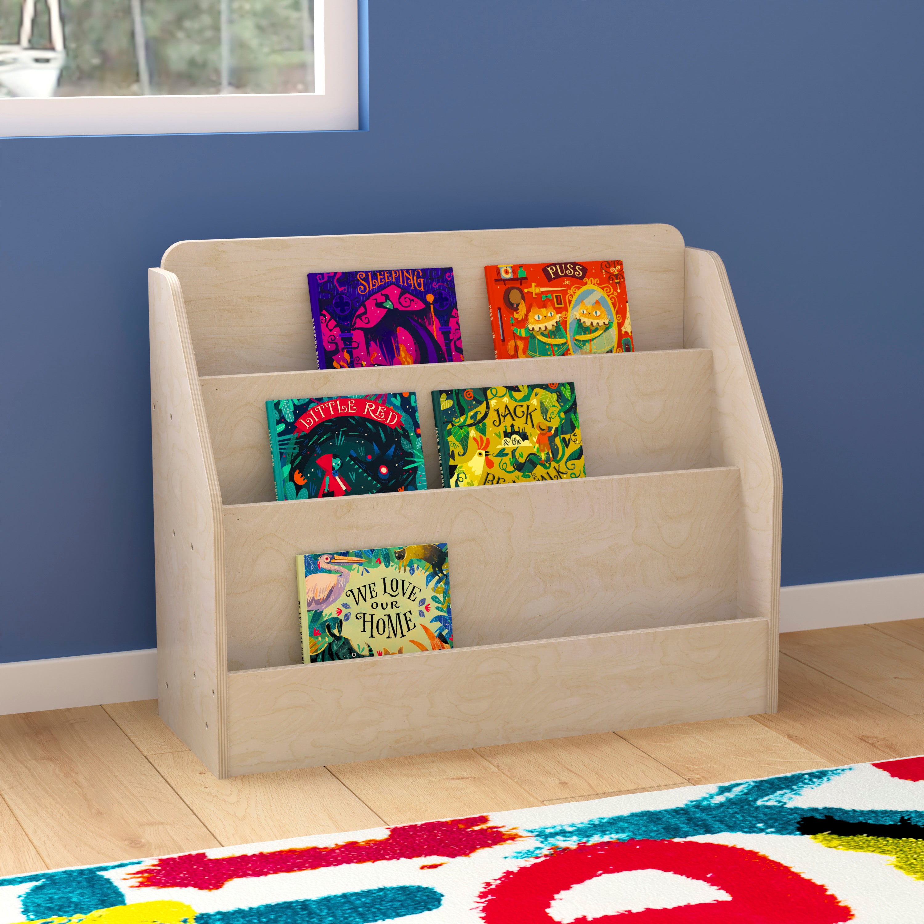 Bright Beginnings Commercial Grade Modular Wooden Classroom 3 Tier Book Display Shelf, Natural
