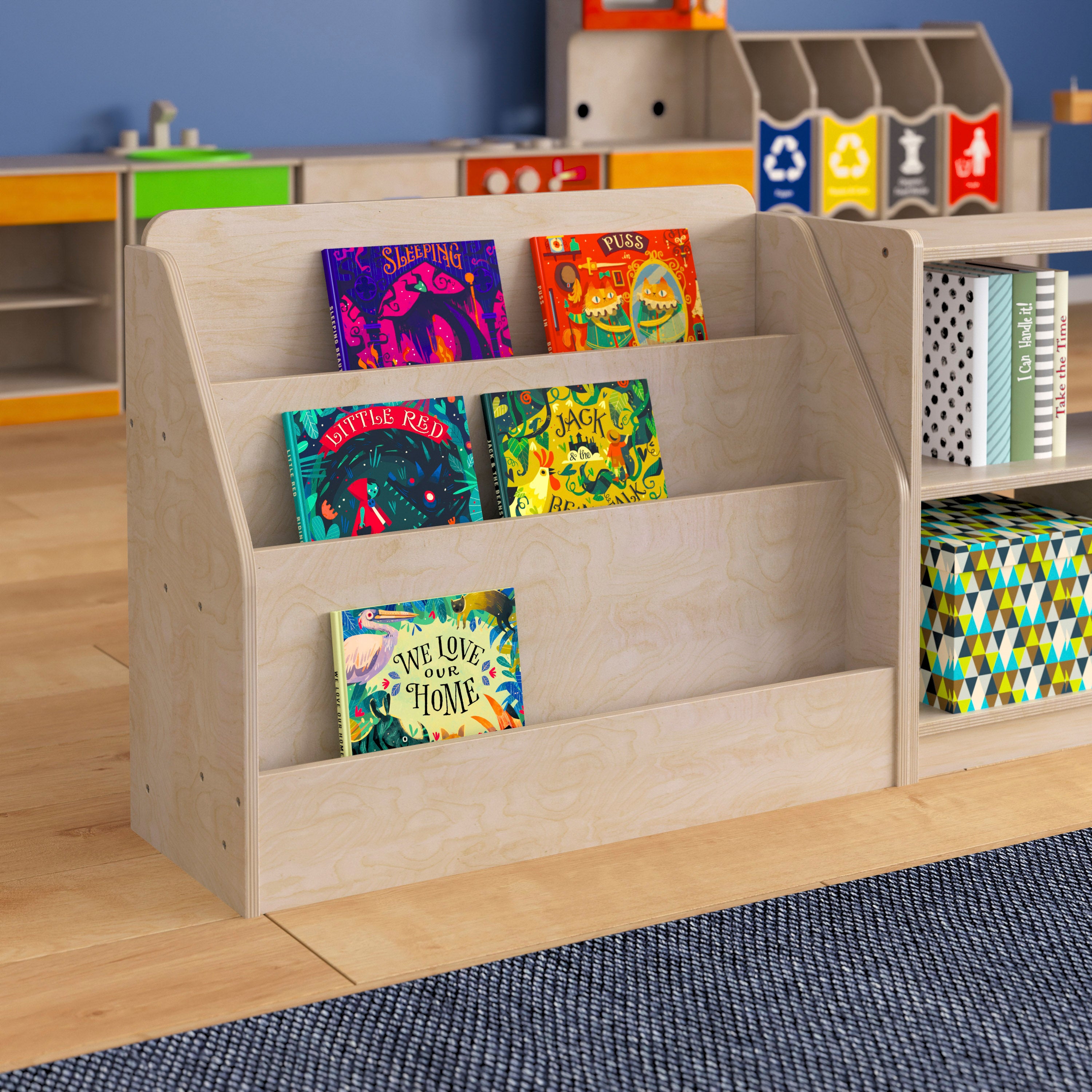 Bright Beginnings Commercial Grade Modular Wooden Classroom 3 Tier Book Display Shelf, Natural