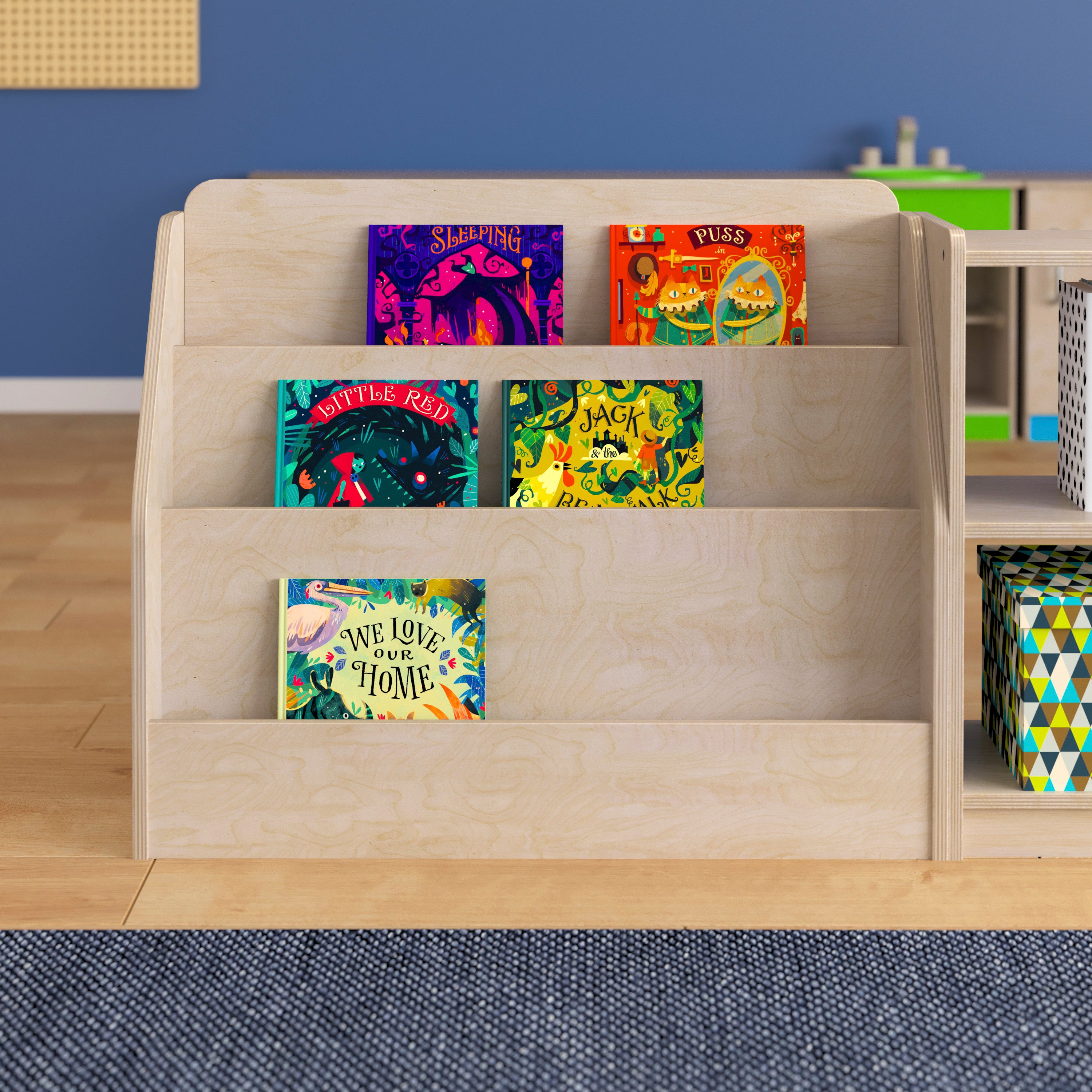 Bright Beginnings Commercial Grade Modular Wooden Classroom 3 Tier Book Display Shelf, Natural