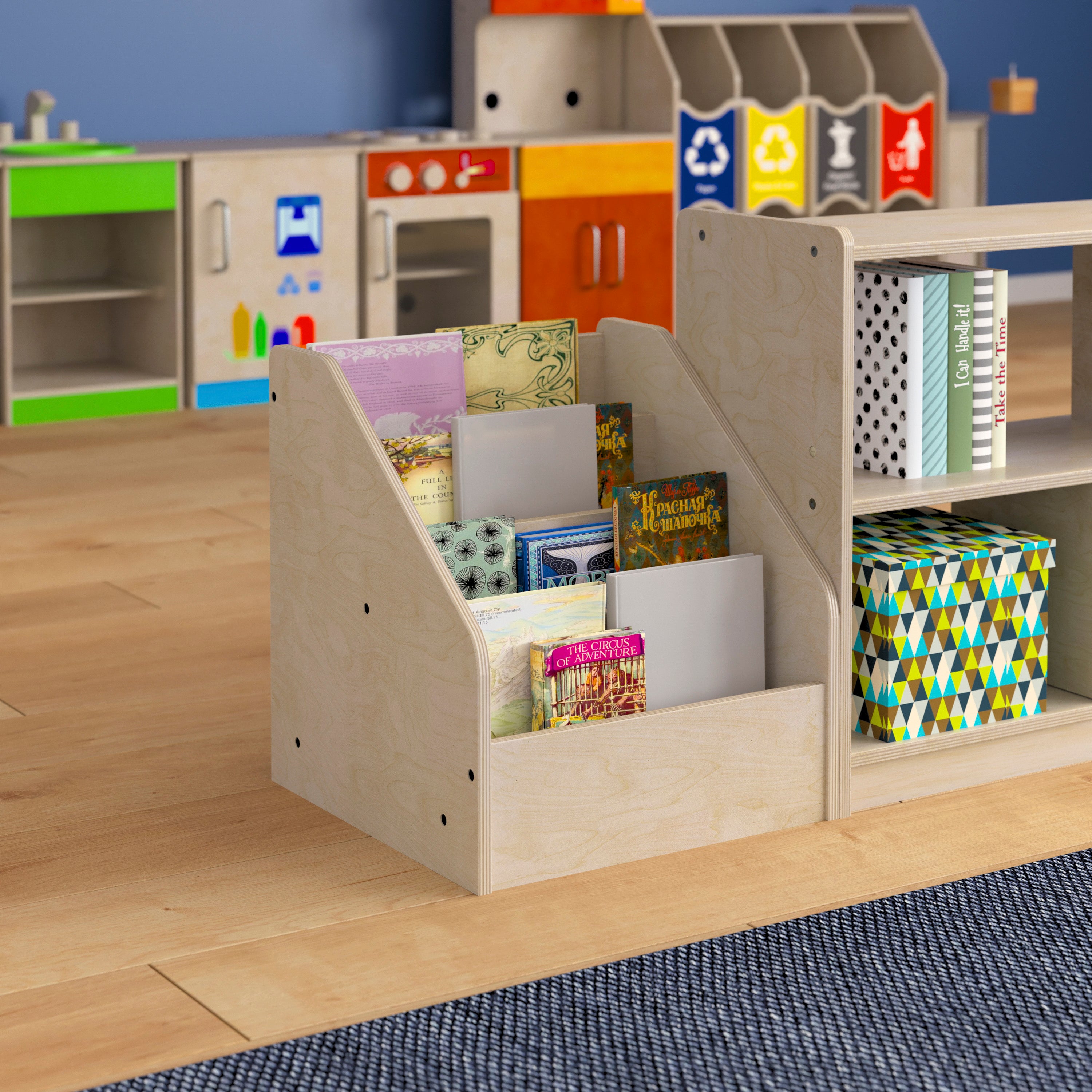 Bright Beginnings Commercial Grade Modular Wooden Classroom 4 Tier Book Display Shelf, Natural