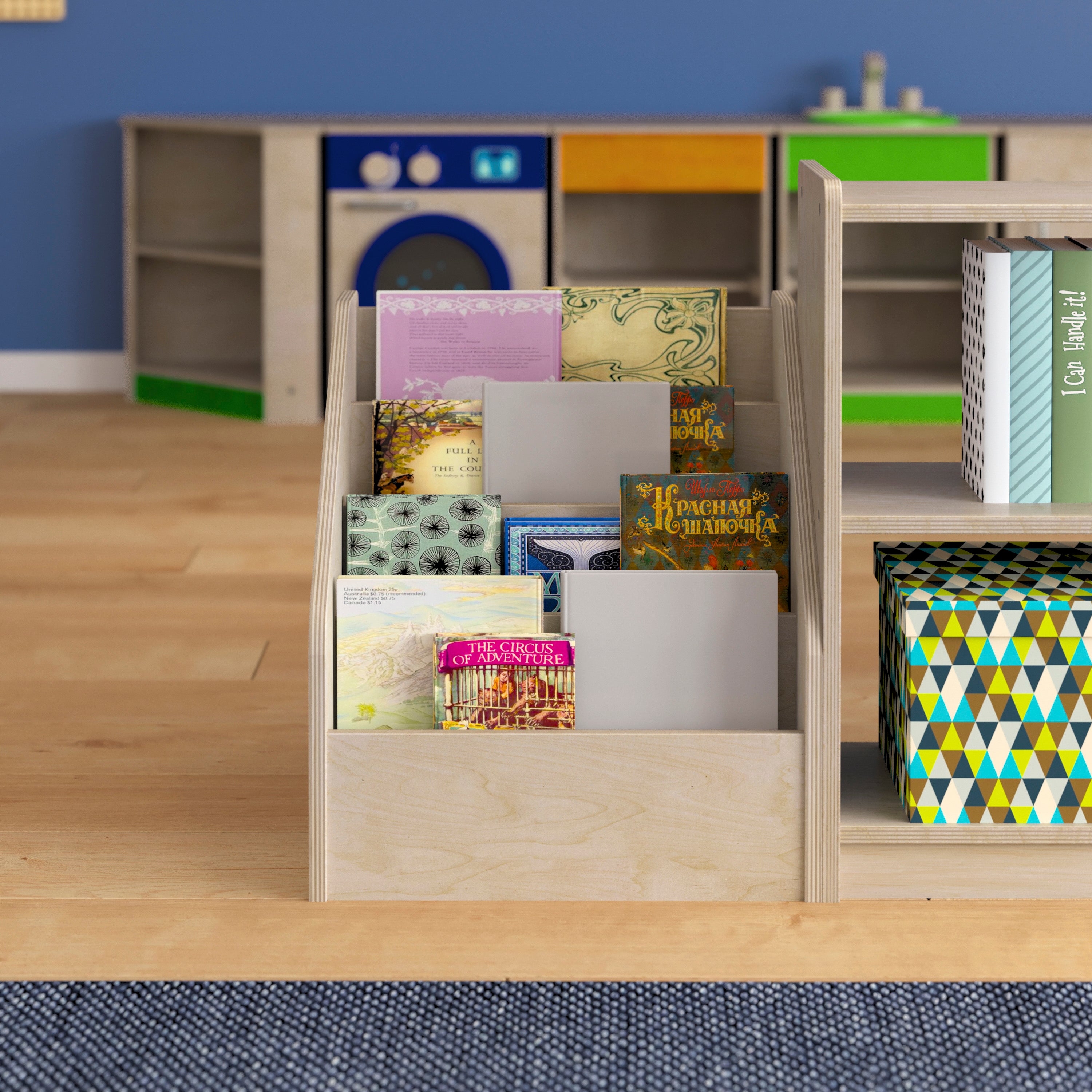 Bright Beginnings Commercial Grade Modular Wooden Classroom 4 Tier Book Display Shelf, Natural