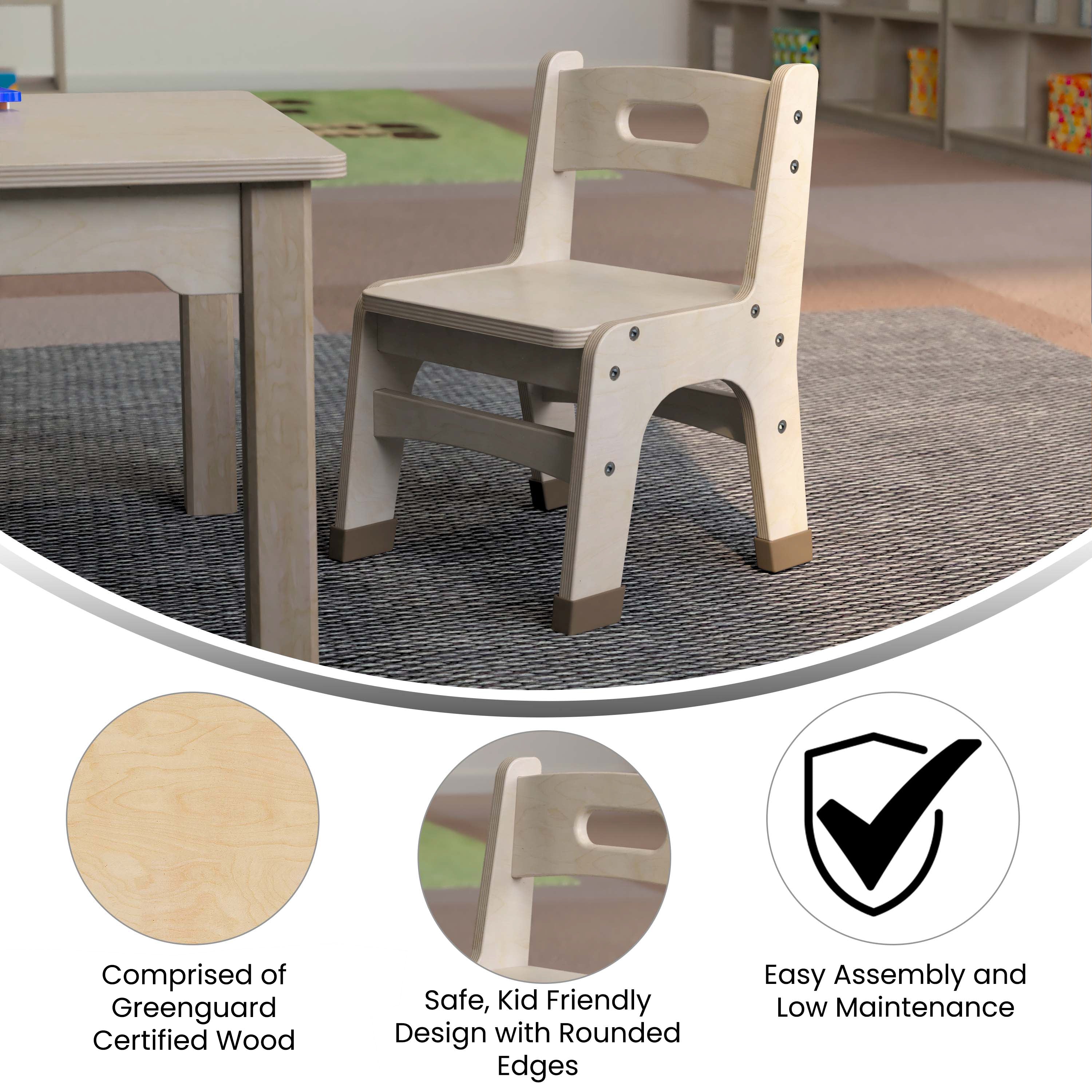 Bright Beginnings Set of 2 Commercial Grade Wooden Classroom Chairs, 9" Seat Height with Non-Slip Foot Caps and Built-In Carrying Handle, Natural
