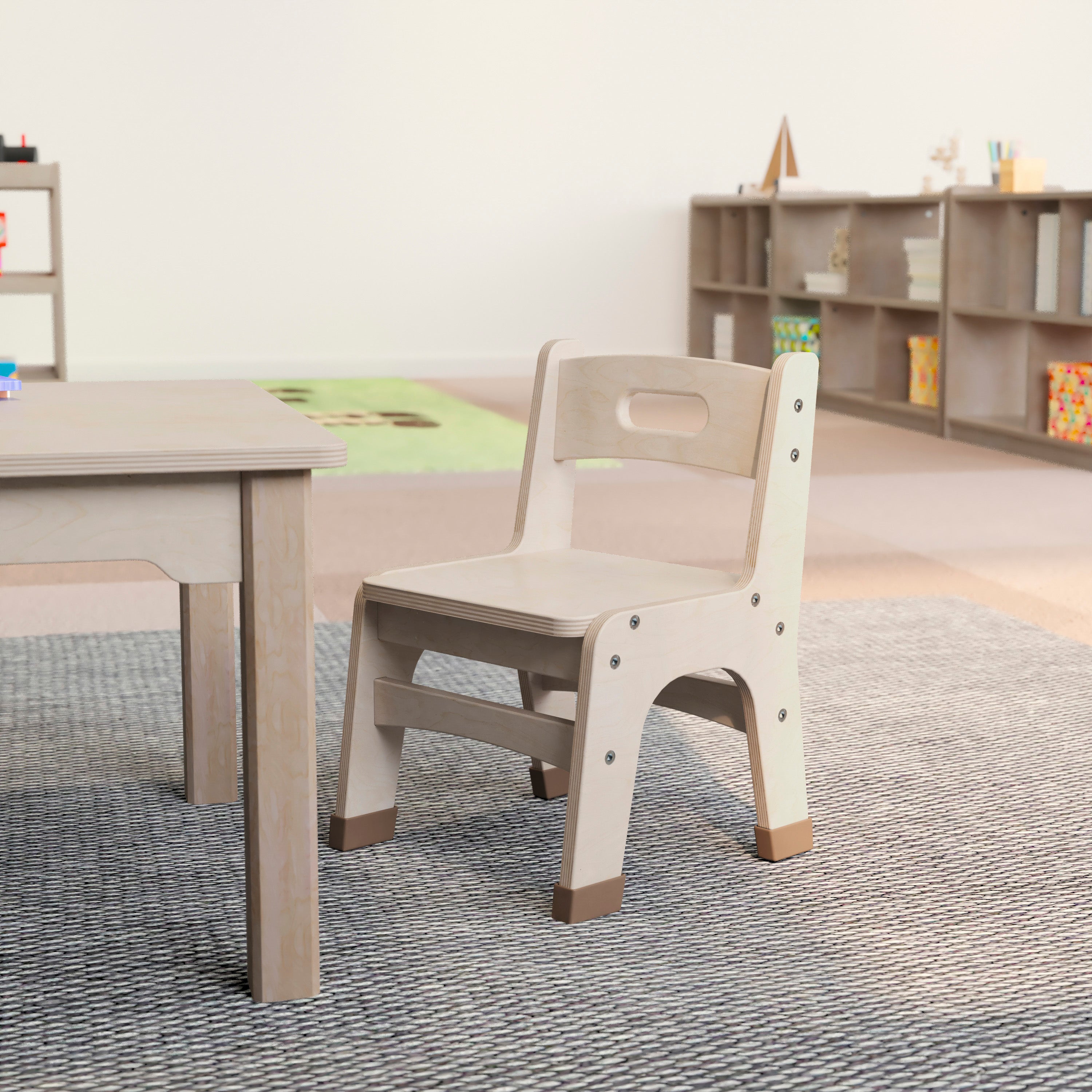 Bright Beginnings Set of 2 Commercial Grade Wooden Classroom Chairs, 9" Seat Height with Non-Slip Foot Caps and Built-In Carrying Handle, Natural
