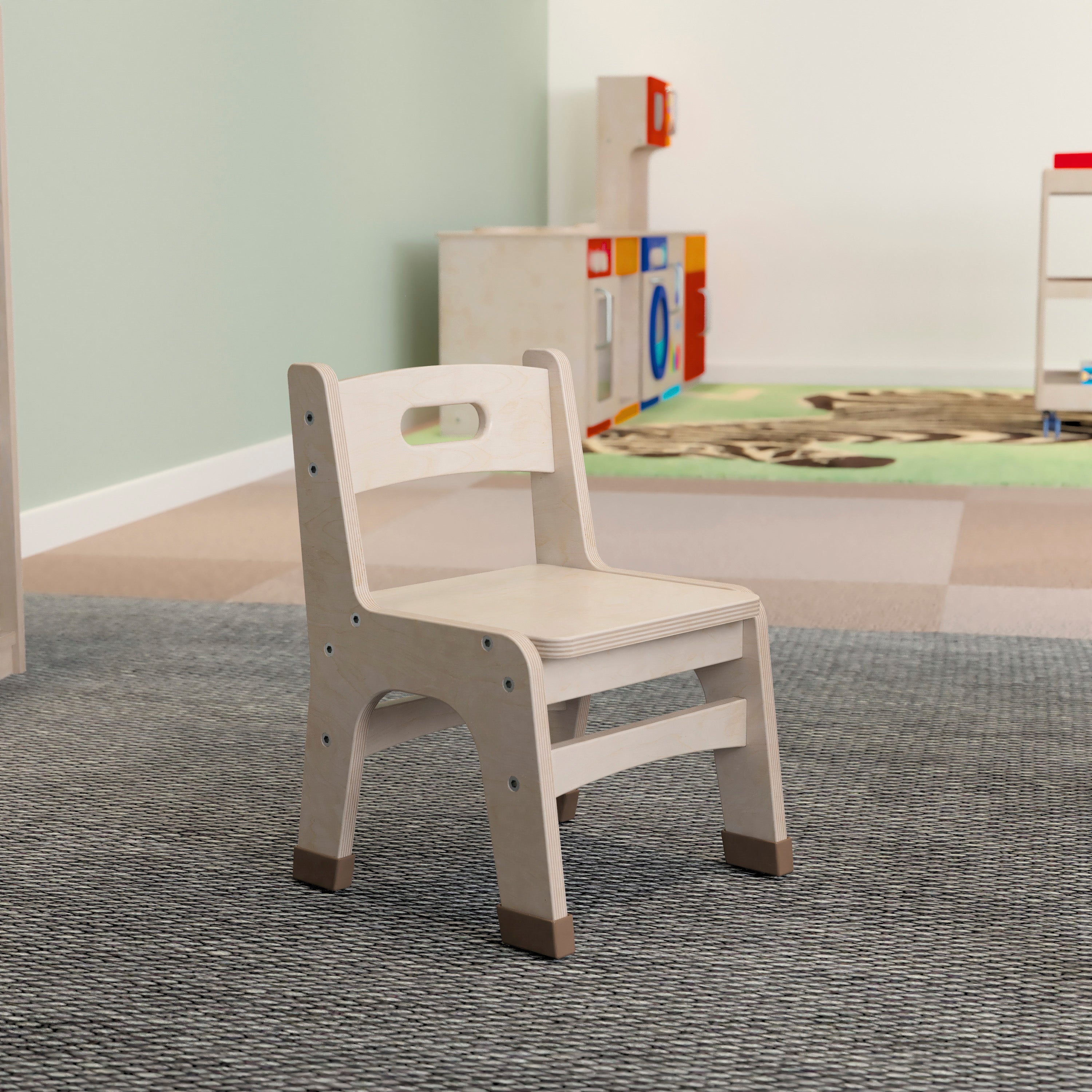 Bright Beginnings Set of 2 Commercial Grade Wooden Classroom Chairs, 9" Seat Height with Non-Slip Foot Caps and Built-In Carrying Handle, Natural