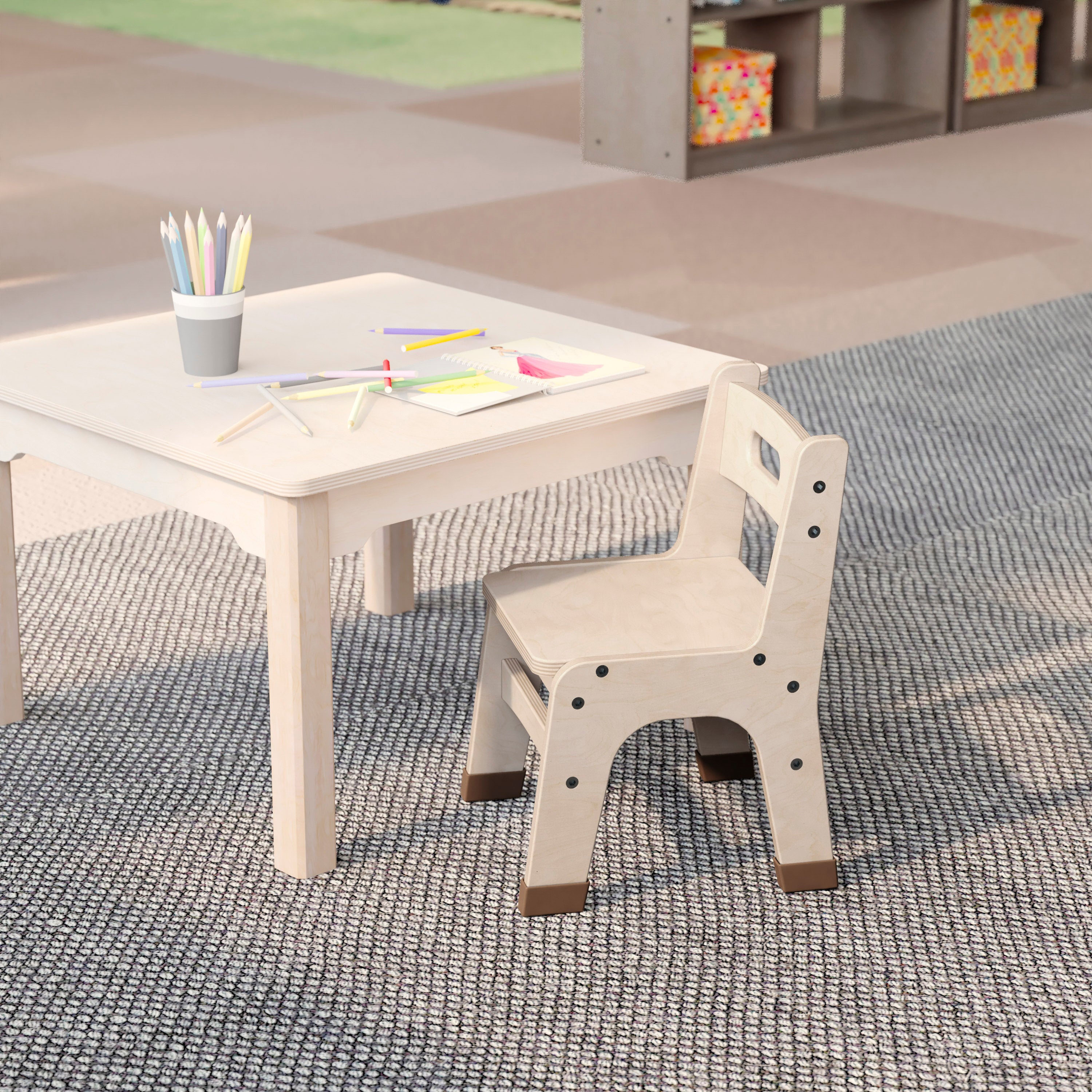 Bright Beginnings Set of 2 Commercial Grade Wooden Classroom Chairs, 9" Seat Height with Non-Slip Foot Caps and Built-In Carrying Handle, Natural
