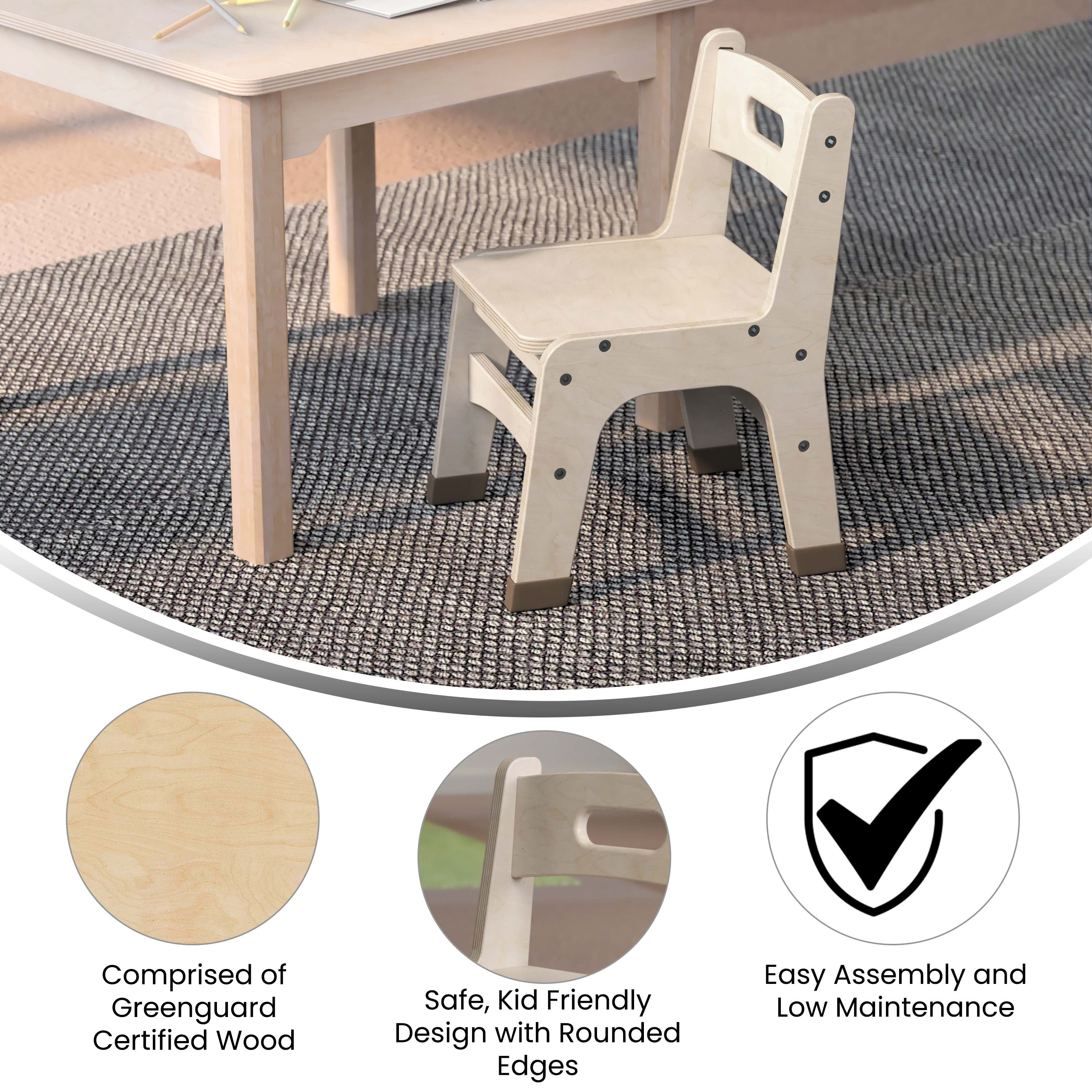 Bright Beginnings Set of 2 Commercial Grade Wooden Classroom Chairs, 10" Seat Height with Non-Slip Foot Caps and Built-In Carrying Handle, Natural