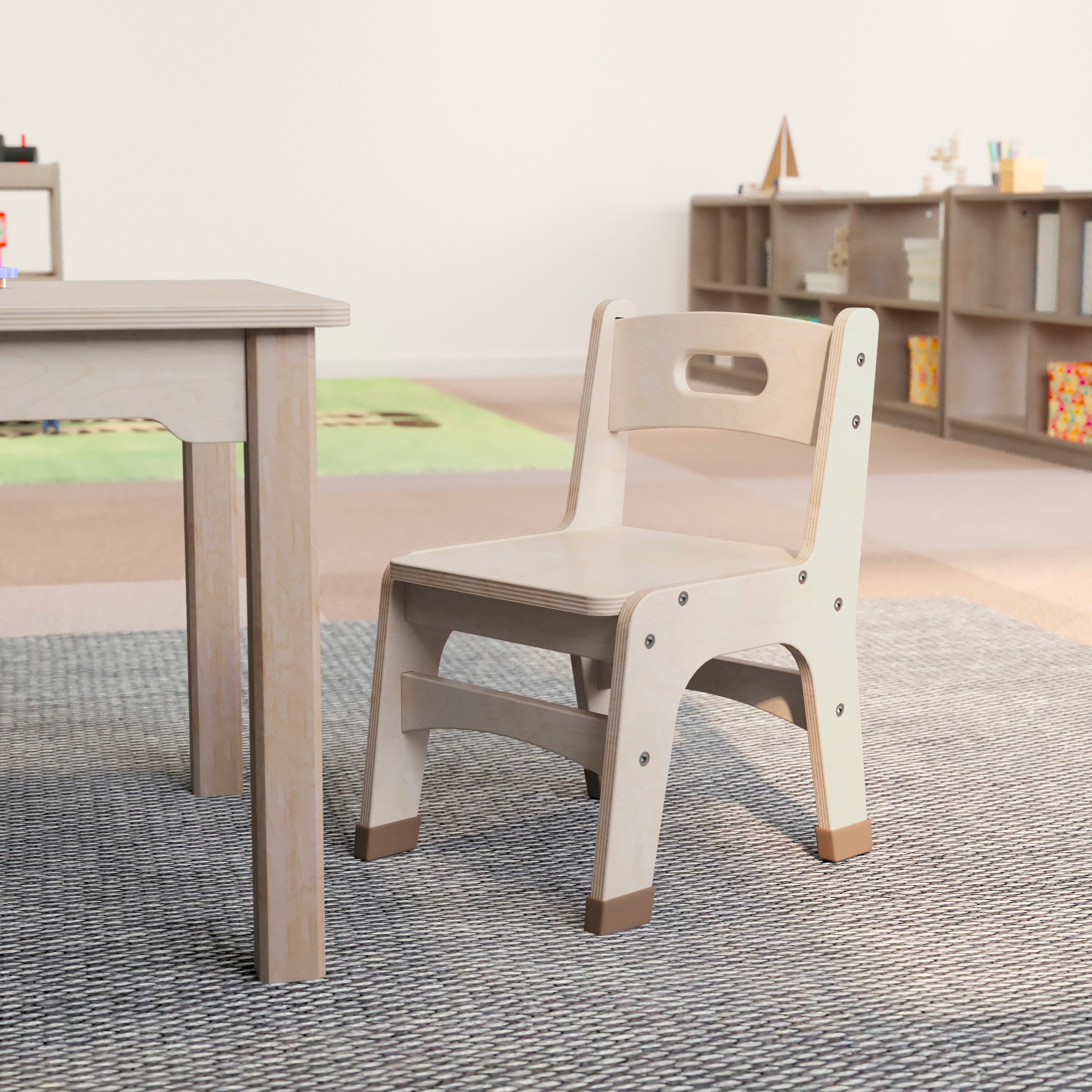 Bright Beginnings Set of 2 Commercial Grade Wooden Classroom Chairs, 10" Seat Height with Non-Slip Foot Caps and Built-In Carrying Handle, Natural