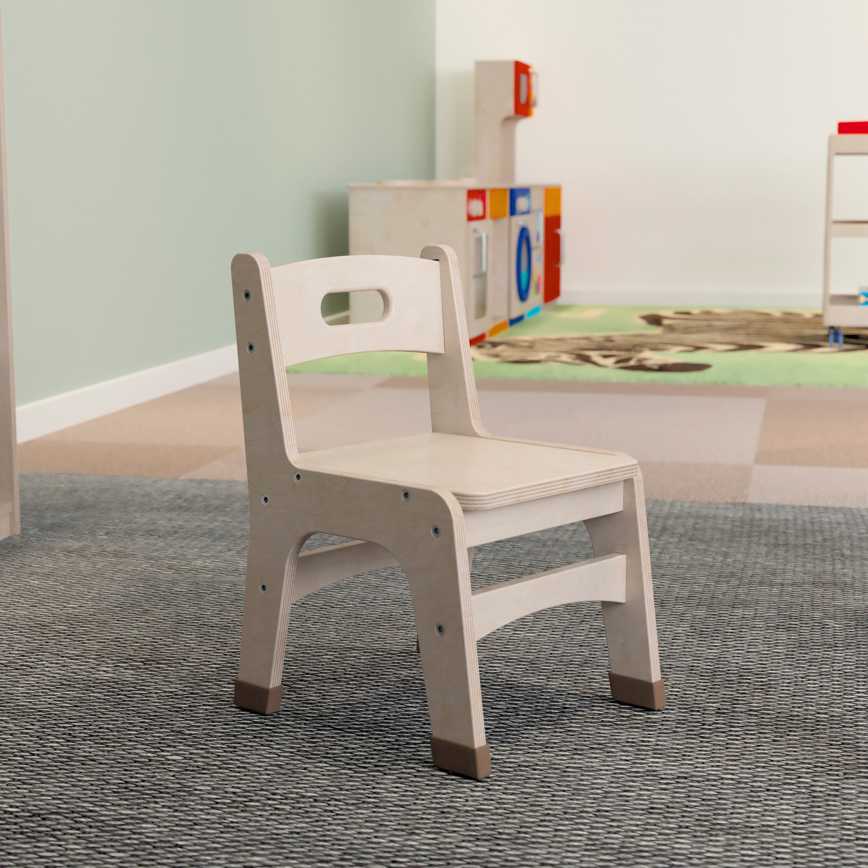 Bright Beginnings Set of 2 Commercial Grade Wooden Classroom Chairs, 10" Seat Height with Non-Slip Foot Caps and Built-In Carrying Handle, Natural