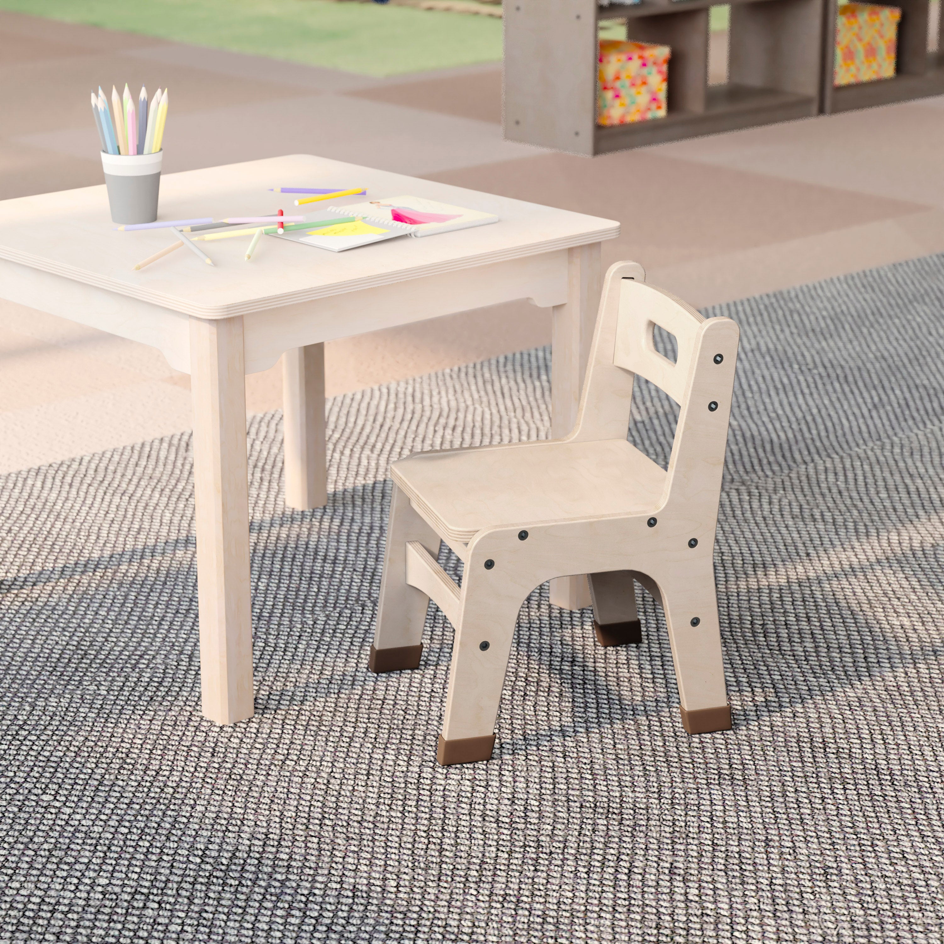 Bright Beginnings Set of 2 Commercial Grade Wooden Classroom Chairs, 10" Seat Height with Non-Slip Foot Caps and Built-In Carrying Handle, Natural
