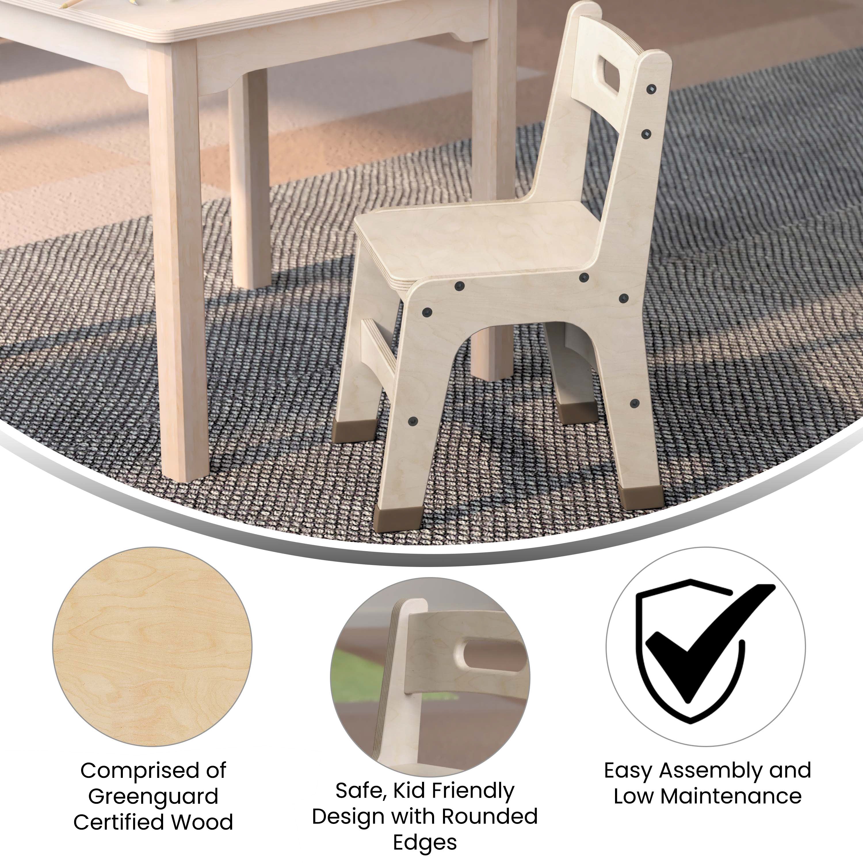 Bright Beginnings Set of 2 Commercial Grade Wooden Classroom Chairs, 11.5" Seat Height with Non-Slip Foot Caps and Built-In Carrying Handle, Natural