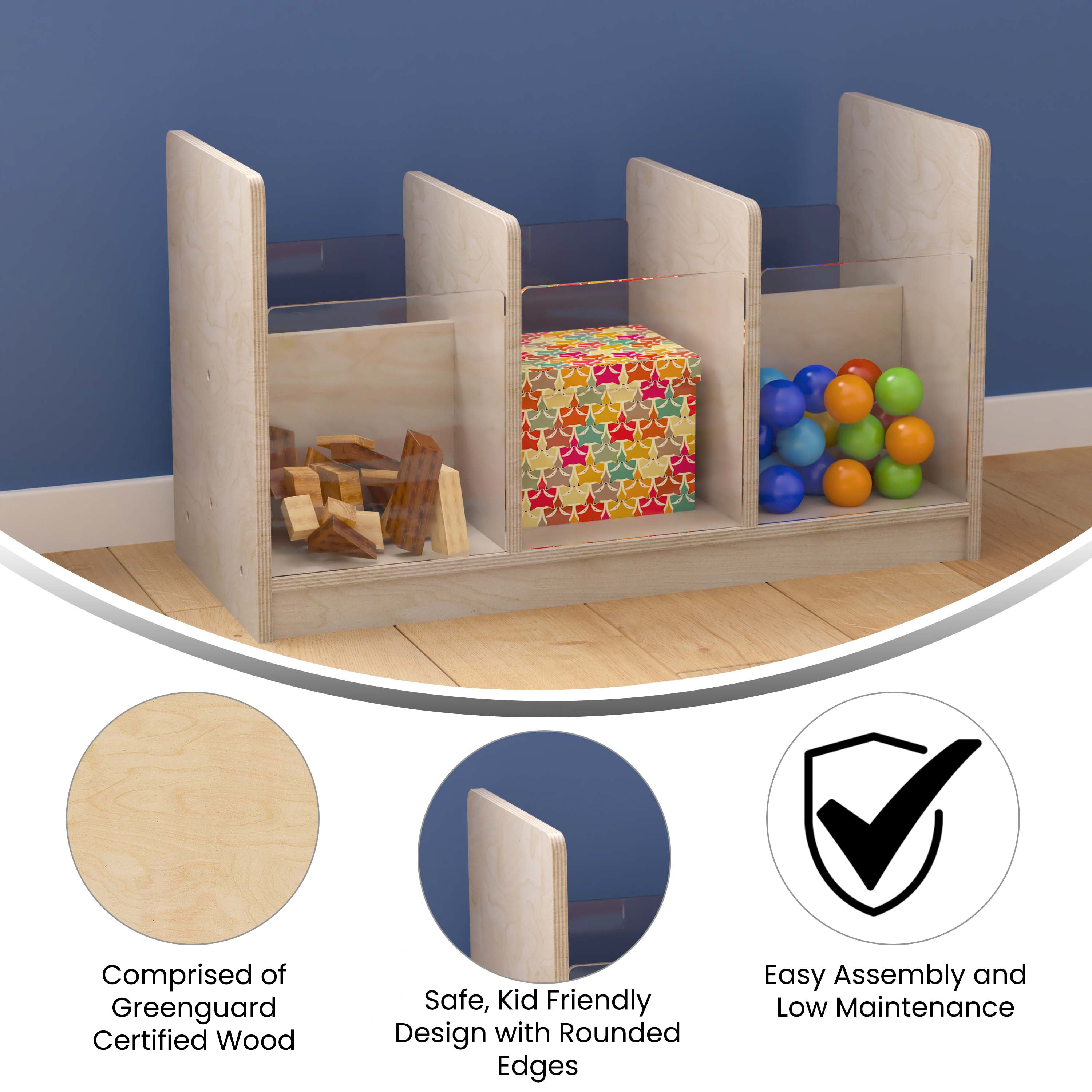 Bright Beginnings Commercial Grade Modular Double Sided Multipurpose Wooden Classroom Storage Unit with Transparent Sides, Natural