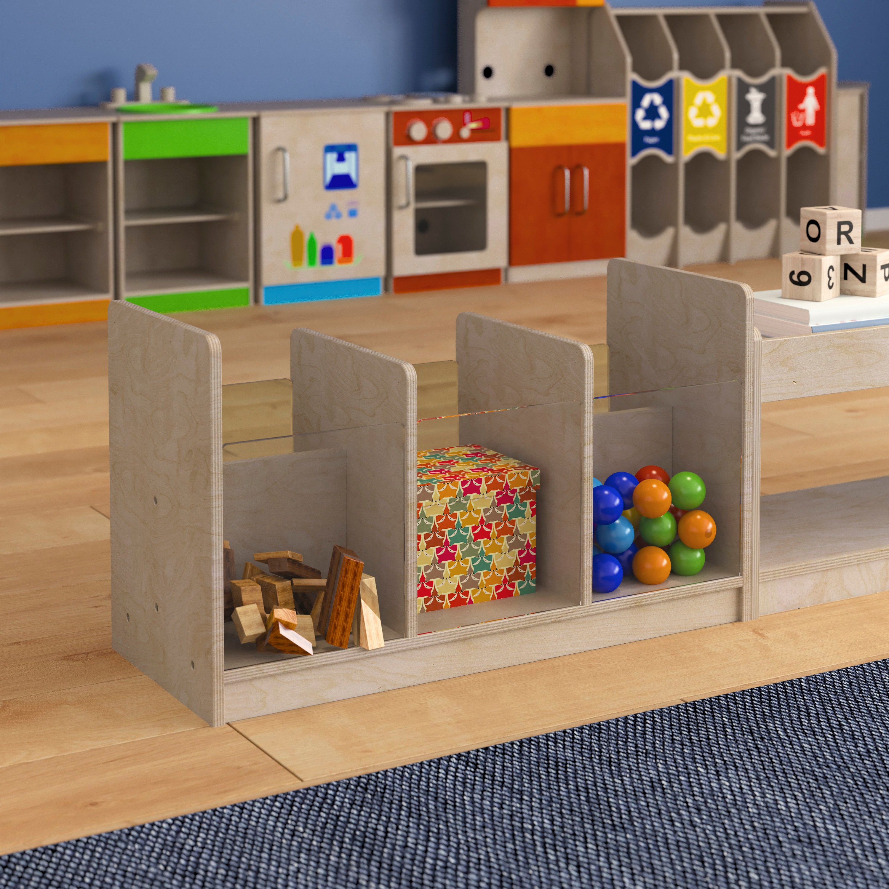 Bright Beginnings Commercial Grade Modular Double Sided Multipurpose Wooden Classroom Storage Unit with Transparent Sides, Natural