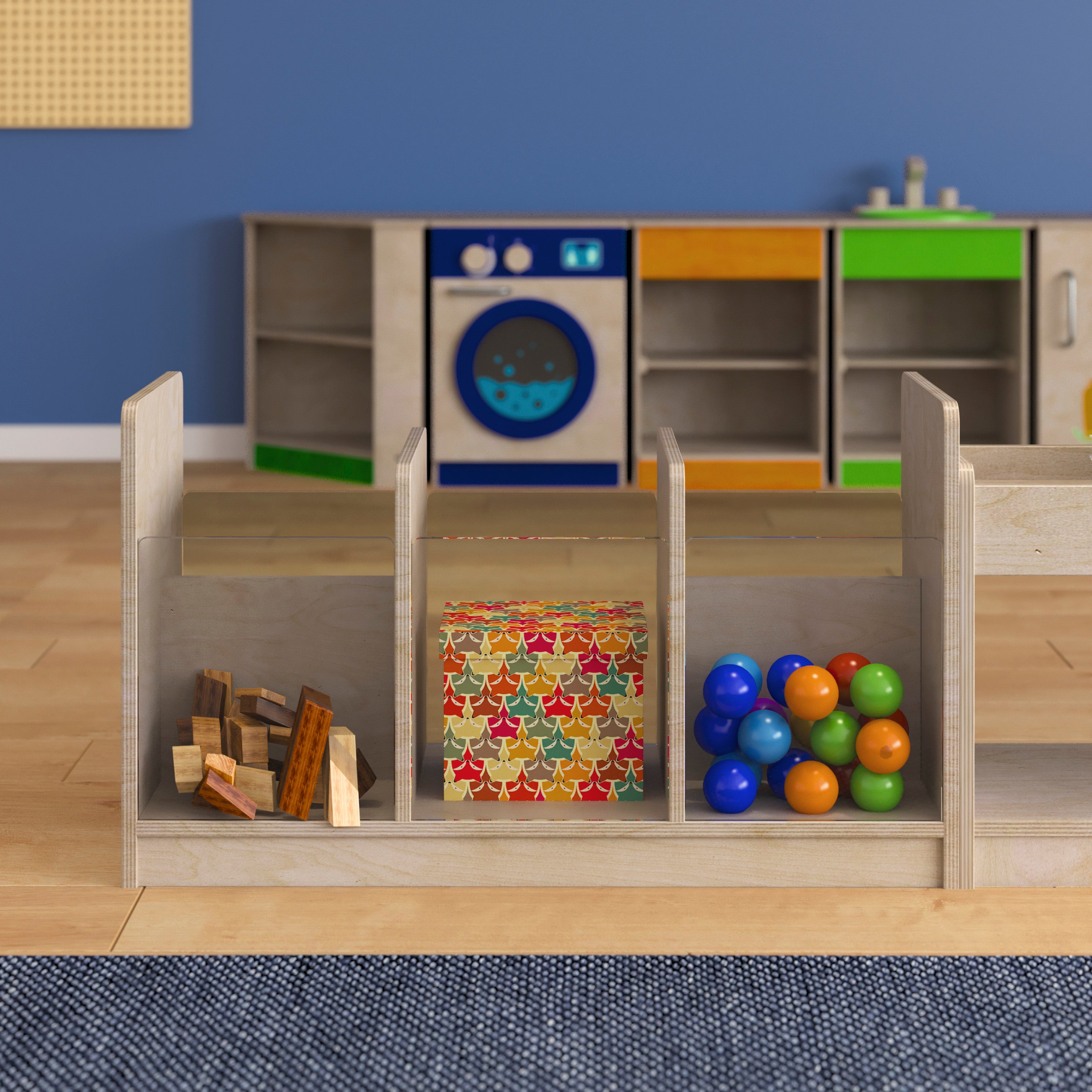 Bright Beginnings Commercial Grade Modular Double Sided Multipurpose Wooden Classroom Storage Unit with Transparent Sides, Natural