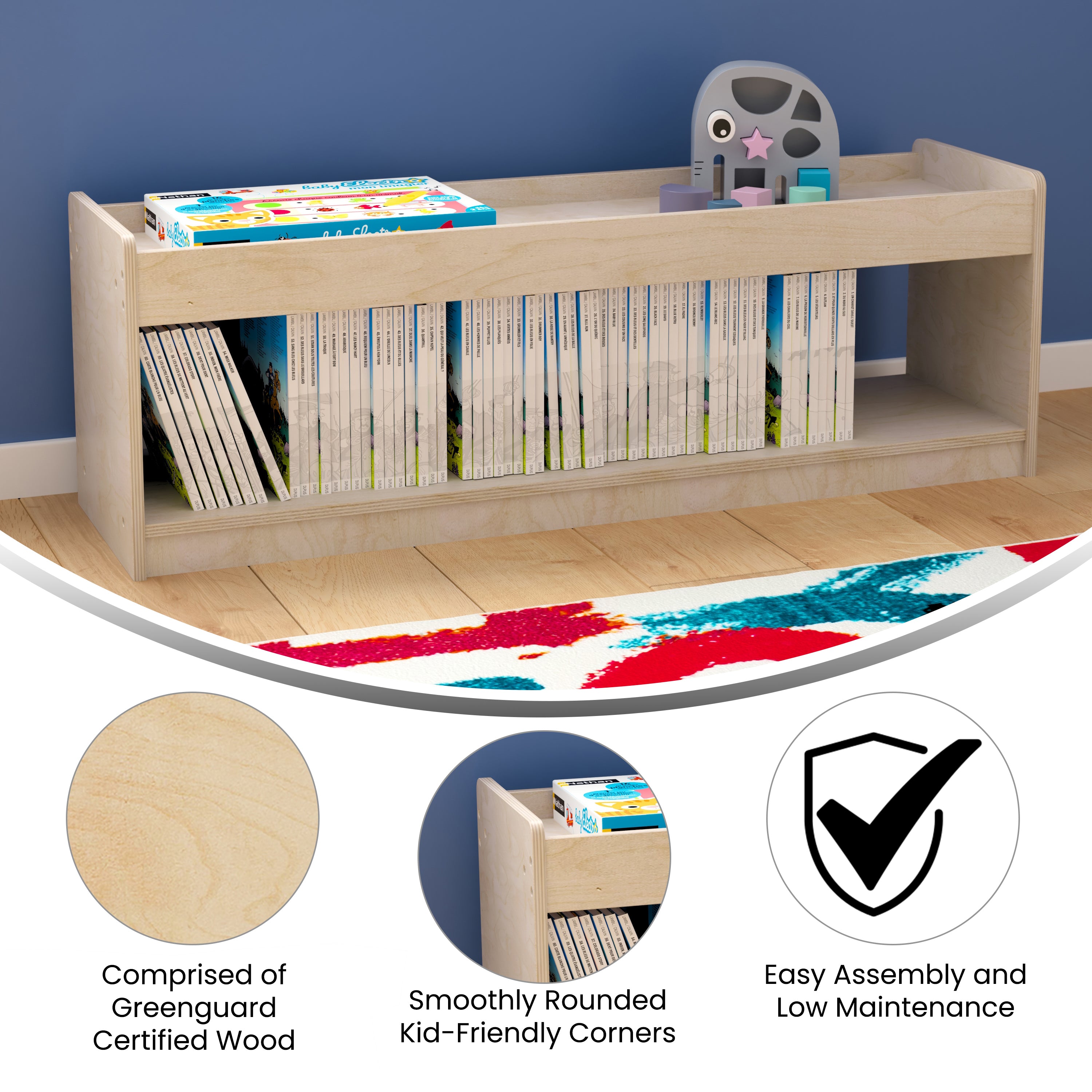 Bright Beginnings Commercial Grade Modular Wooden Classroom Open Storage Unit with Upper Shelf with Raised Edges, Natural