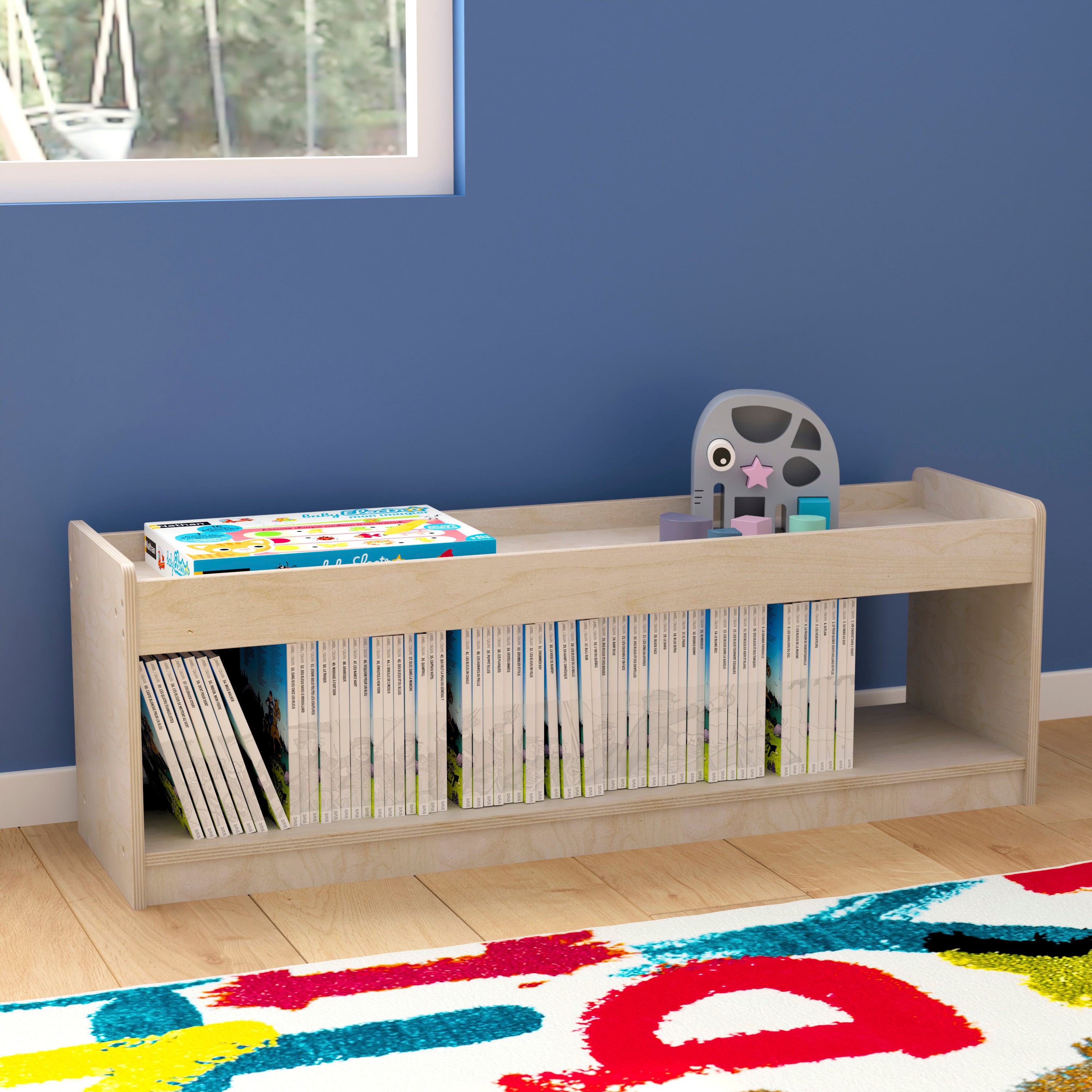 Bright Beginnings Commercial Grade Modular Wooden Classroom Open Storage Unit with Upper Shelf with Raised Edges, Natural
