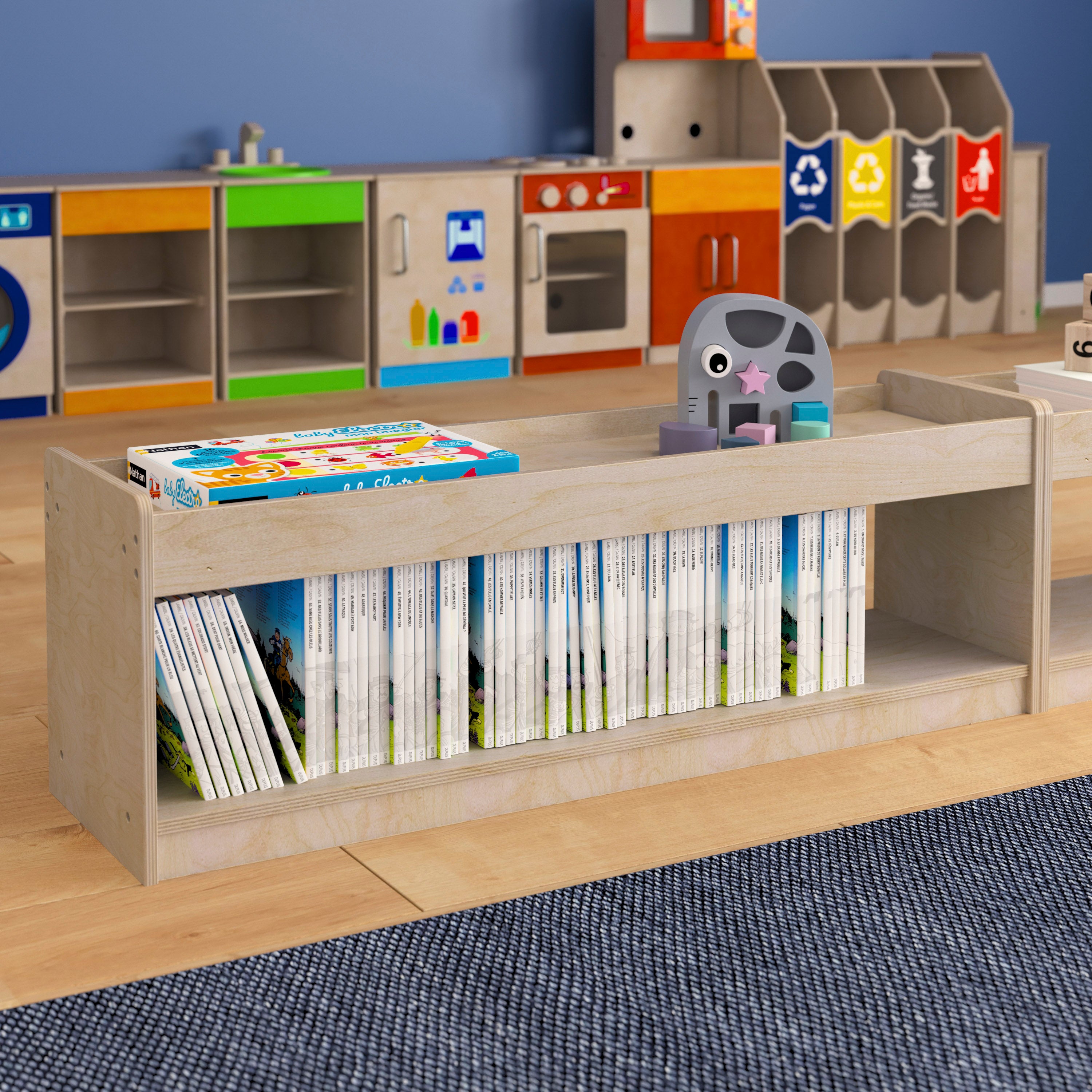 Bright Beginnings Commercial Grade Modular Wooden Classroom Open Storage Unit with Upper Shelf with Raised Edges, Natural