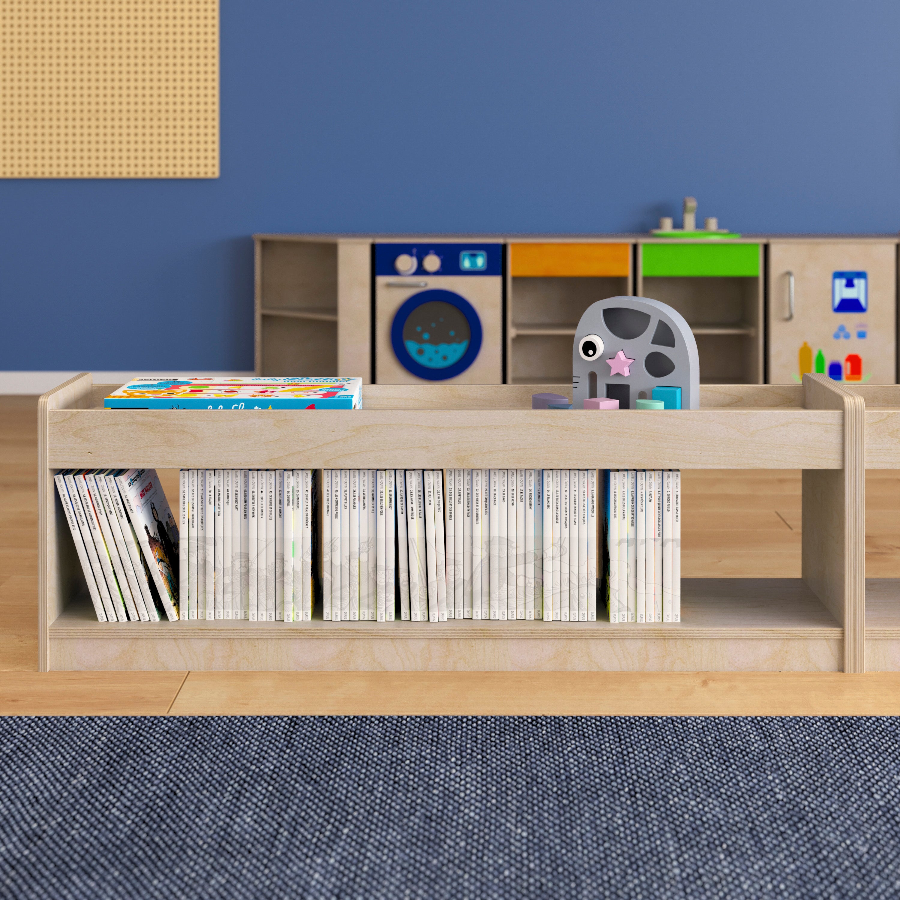 Bright Beginnings Commercial Grade Modular Wooden Classroom Open Storage Unit with Upper Shelf with Raised Edges, Natural
