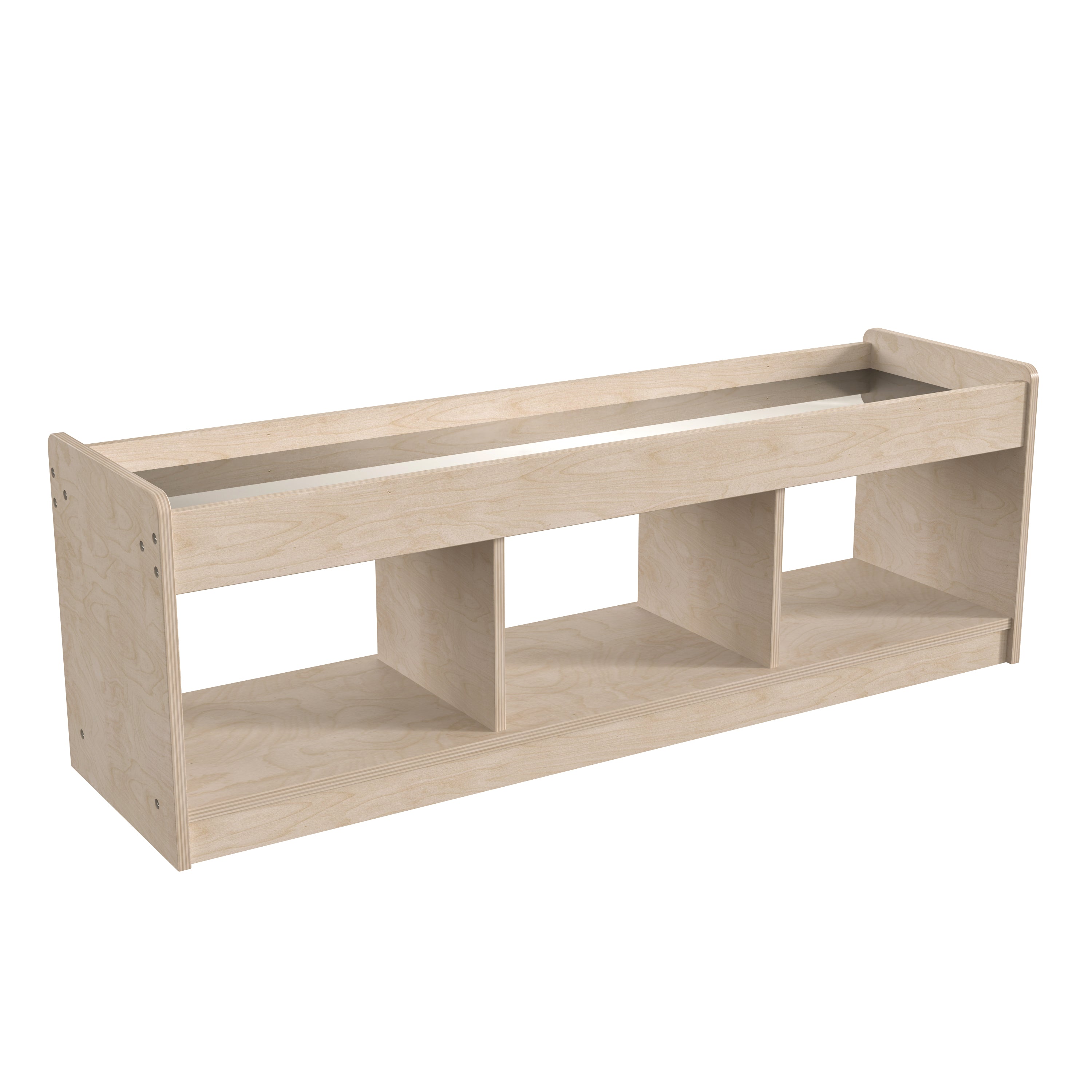 Bright Beginnings Commercial Grade Modular Wooden Classroom 2 Sided, 3 Section, Open Storage Unit with Mirrored Top and Raised Upper Edges, Natural