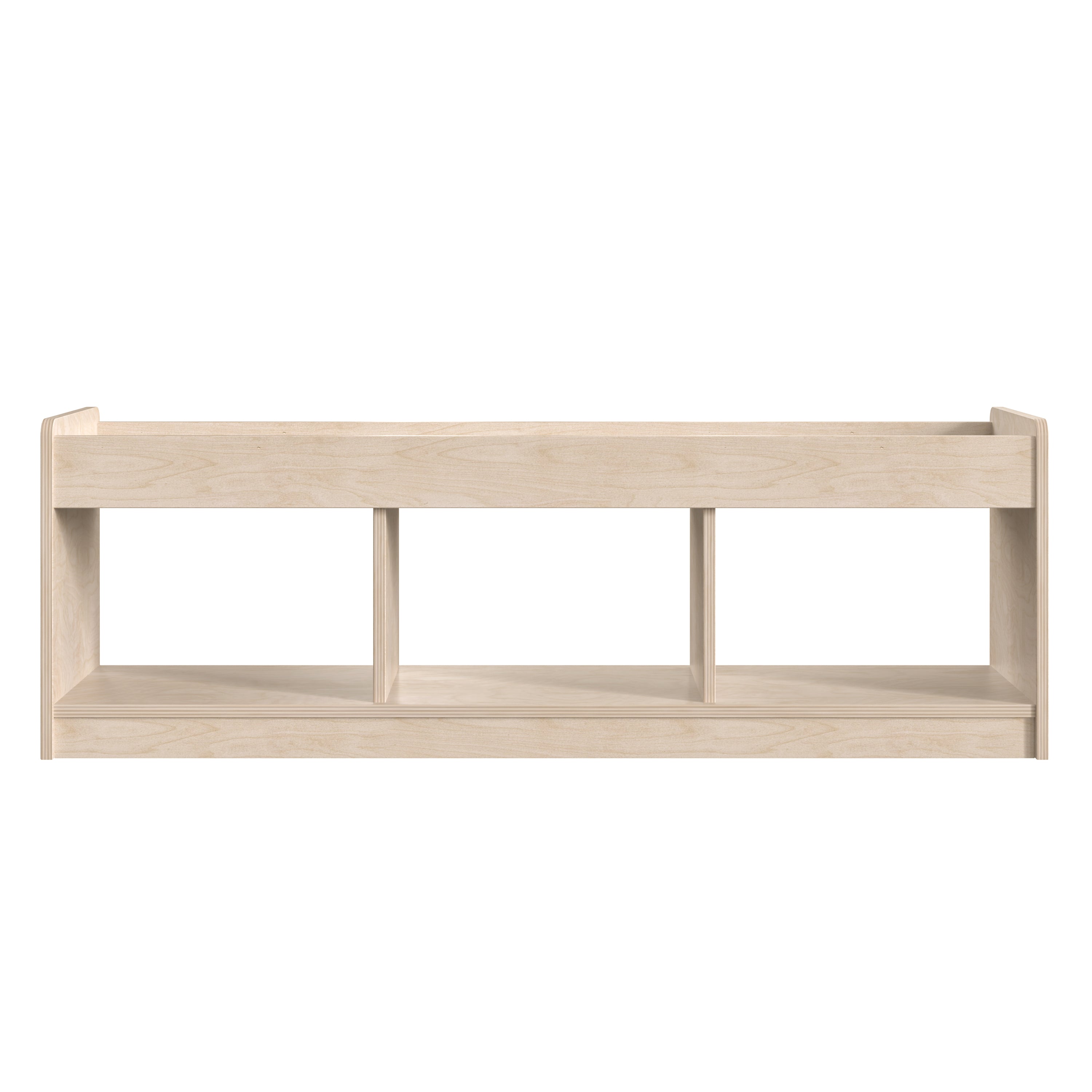 Bright Beginnings Commercial Grade Modular Wooden Classroom 2 Sided, 3 Section, Open Storage Unit with Mirrored Top and Raised Upper Edges, Natural
