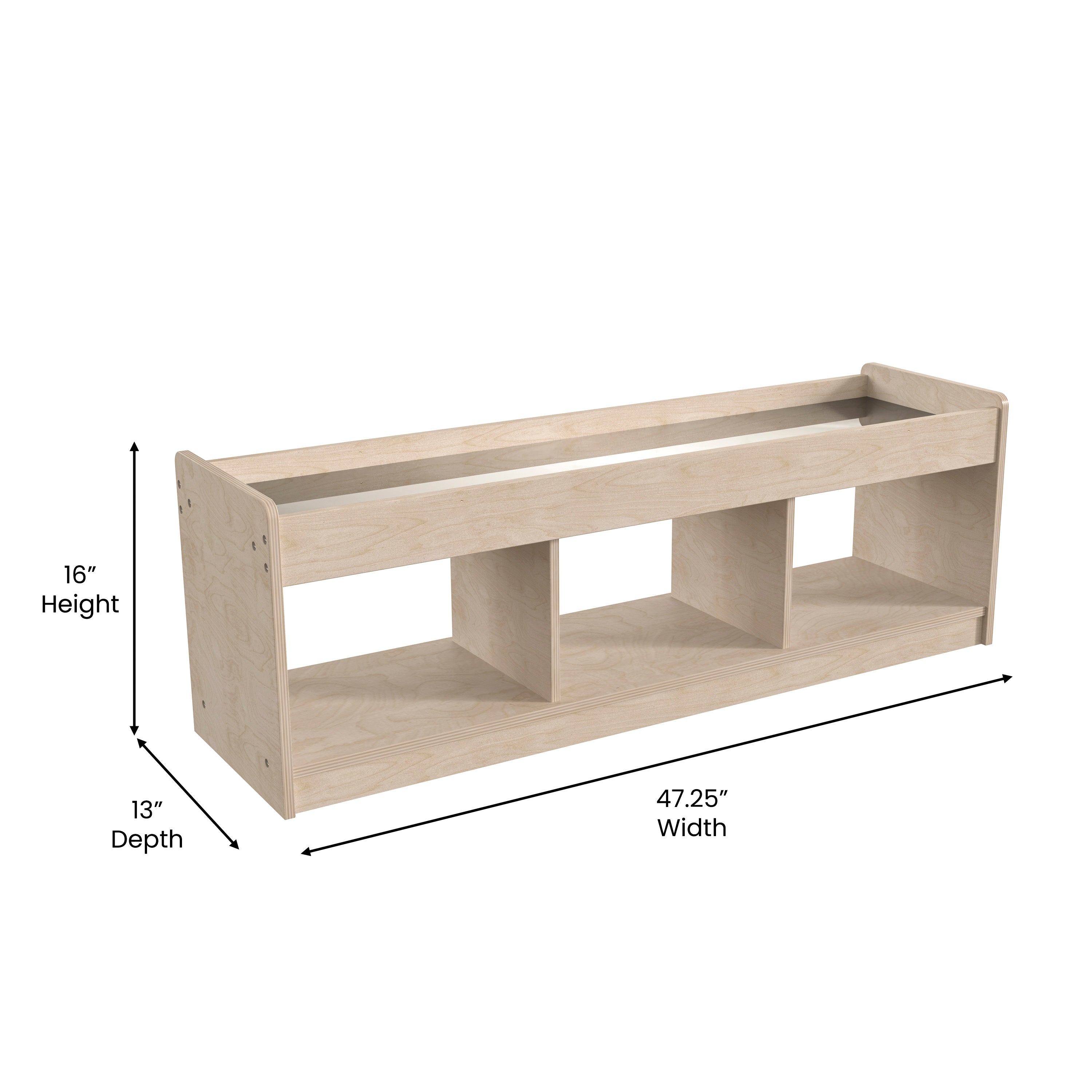 Bright Beginnings Commercial Grade Modular Wooden Classroom 2 Sided, 3 Section, Open Storage Unit with Mirrored Top and Raised Upper Edges, Natural