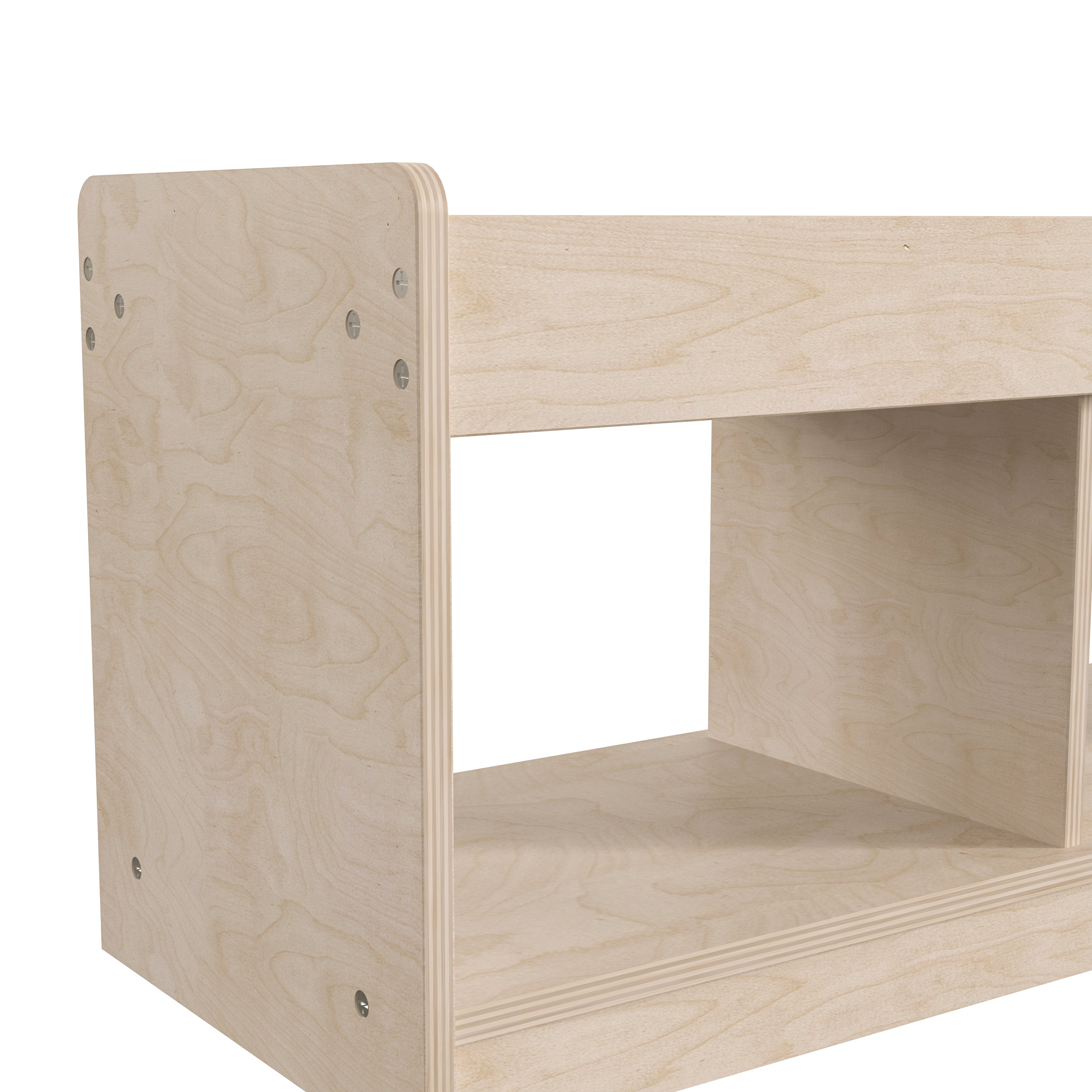 Bright Beginnings Commercial Grade Modular Wooden Classroom 2 Sided, 3 Section, Open Storage Unit with Mirrored Top and Raised Upper Edges, Natural