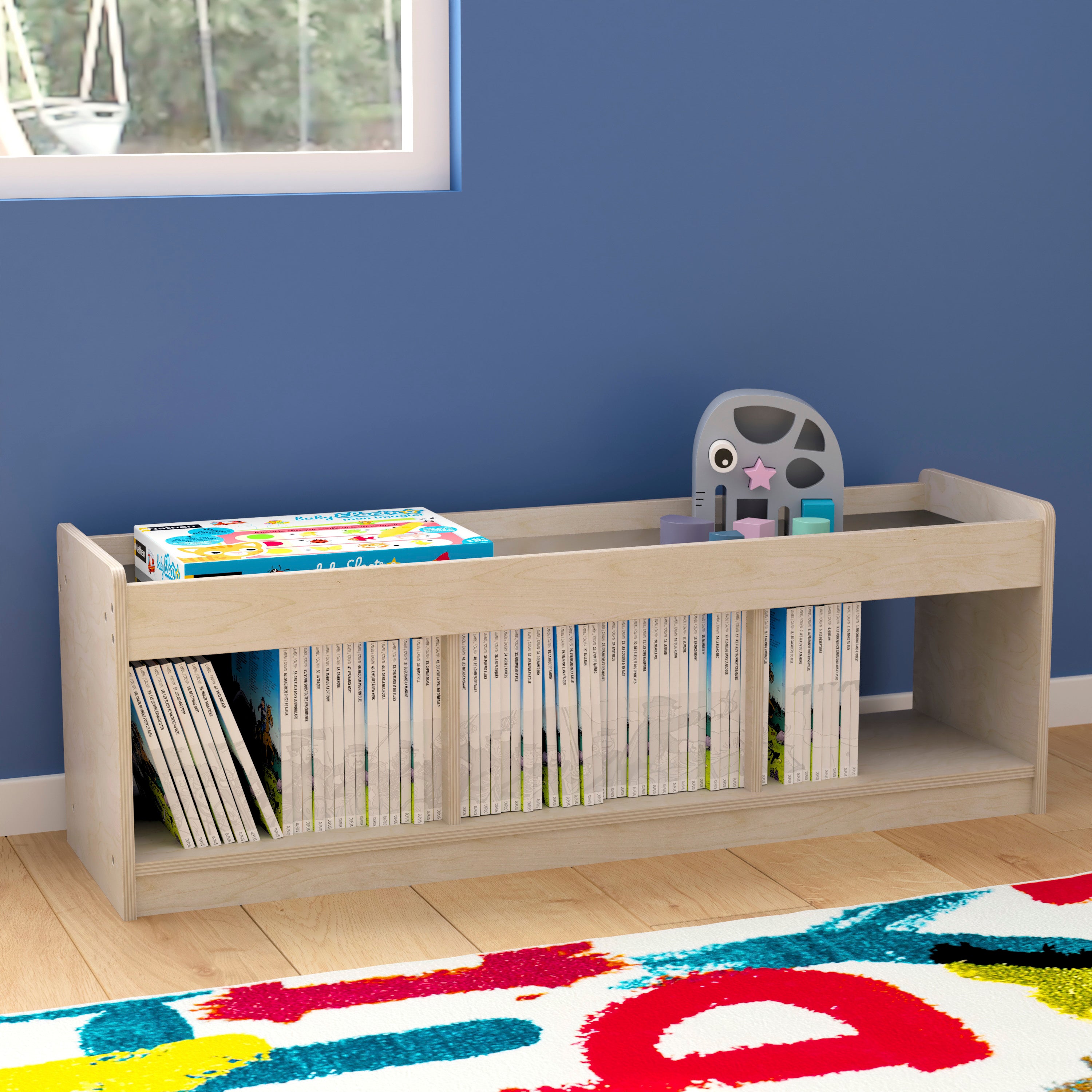Bright Beginnings Commercial Grade Modular Wooden Classroom 2 Sided, 3 Section, Open Storage Unit with Mirrored Top and Raised Upper Edges, Natural