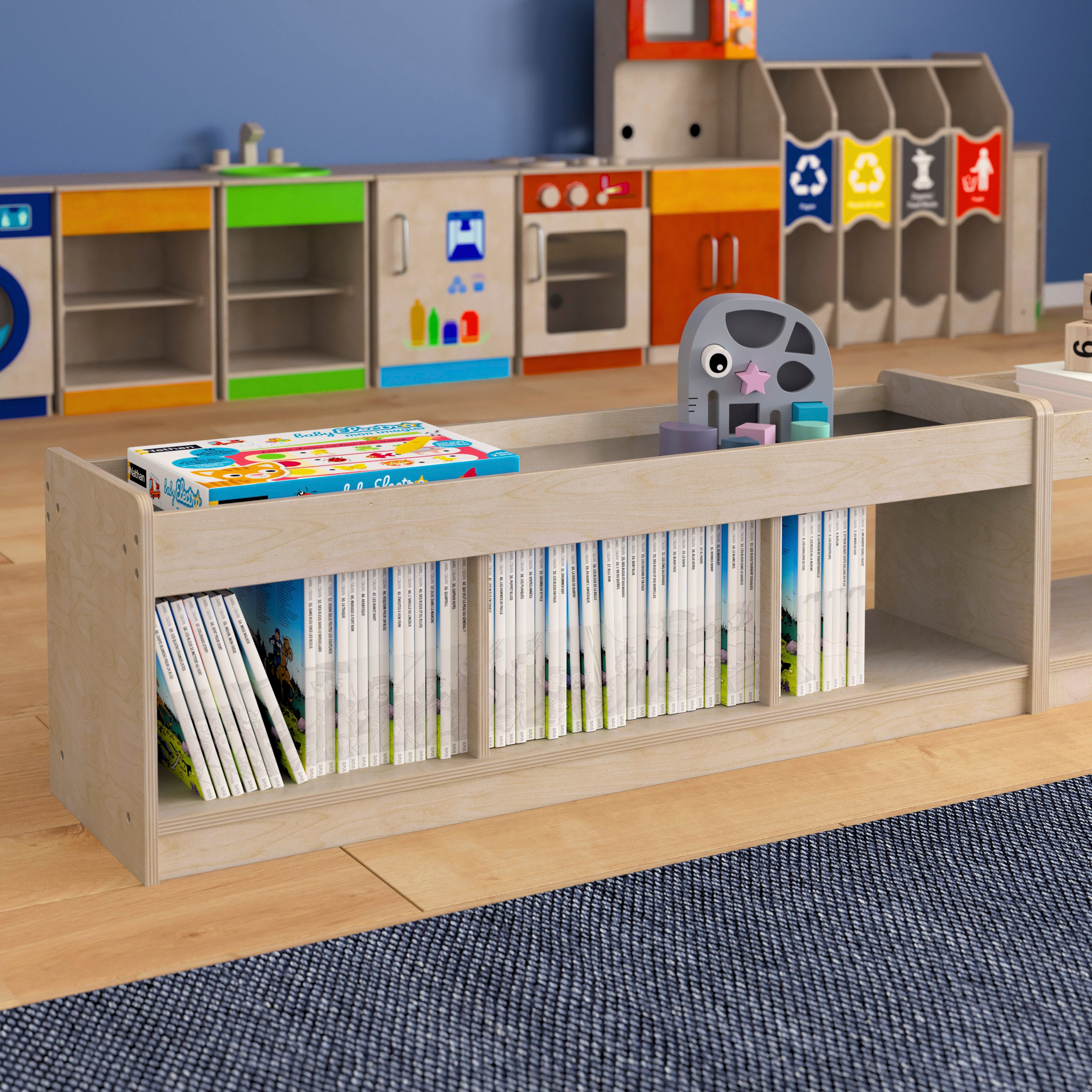 Bright Beginnings Commercial Grade Modular Wooden Classroom 2 Sided, 3 Section, Open Storage Unit with Mirrored Top and Raised Upper Edges, Natural