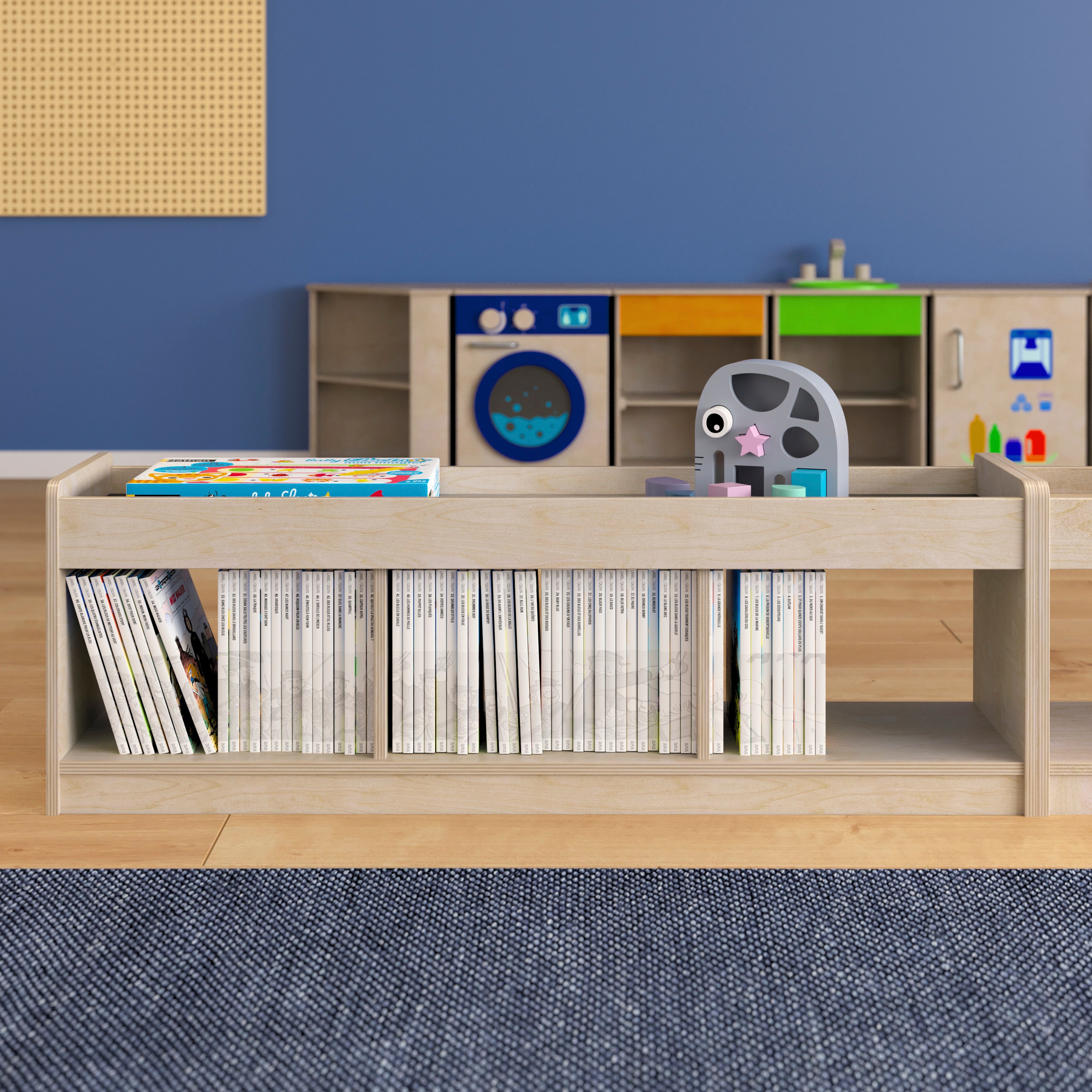Bright Beginnings Commercial Grade Modular Wooden Classroom 2 Sided, 3 Section, Open Storage Unit with Mirrored Top and Raised Upper Edges, Natural