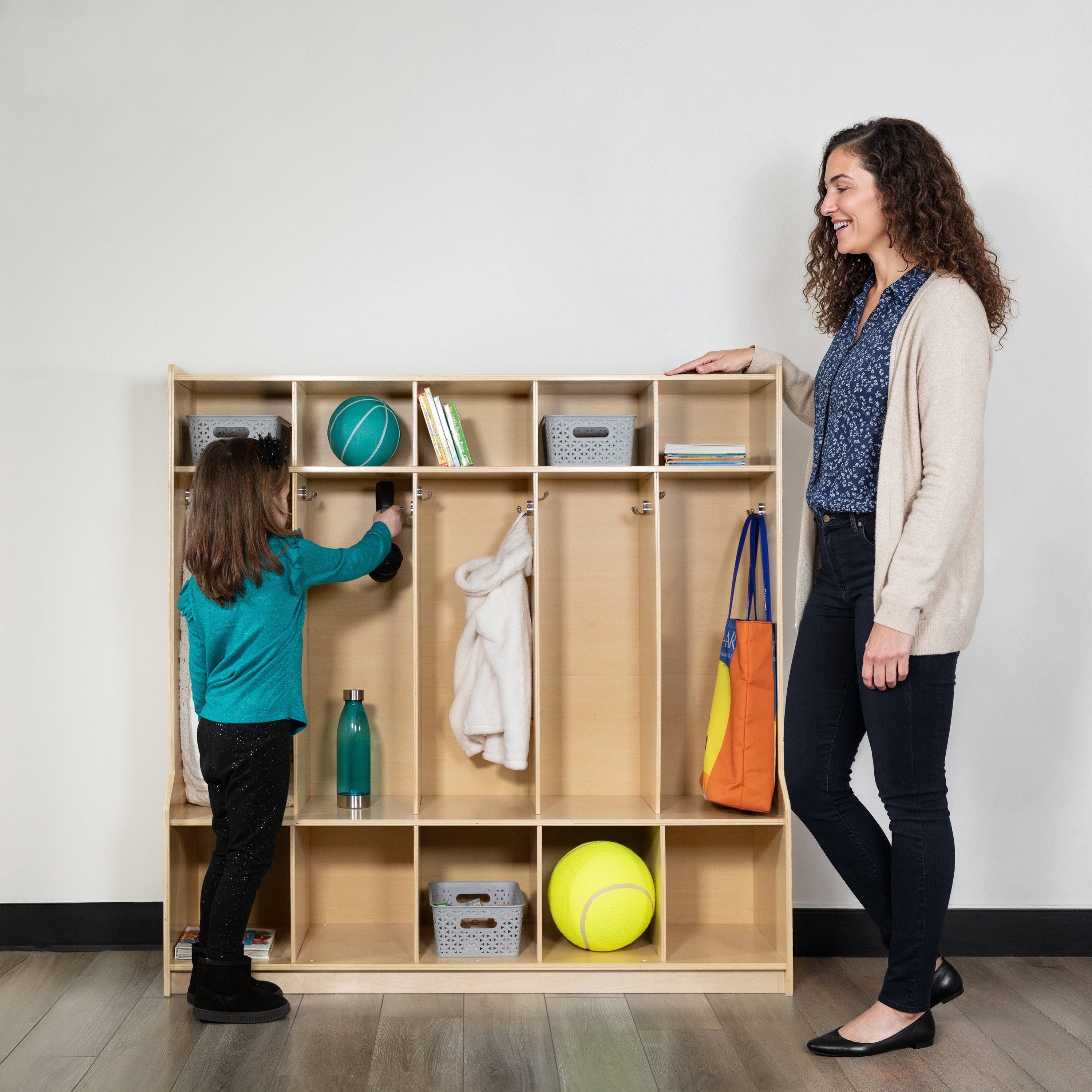 Hercules Wooden 5 Section School Coat Locker with Bench, Cubbies, and Storage Organizer Hook-Safe, Kid Friendly Design - 48"H x 48"L (Natural)