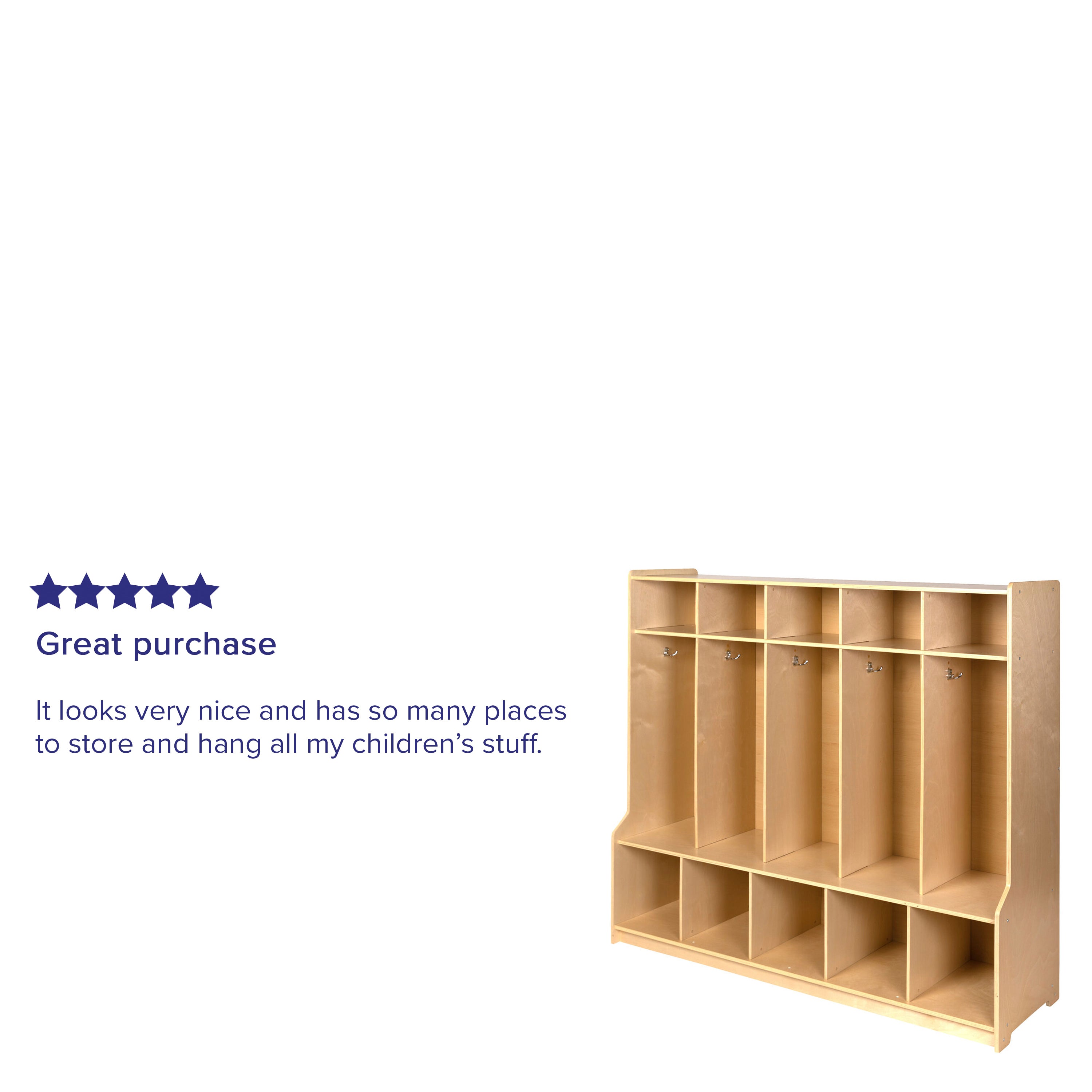 Hercules Wooden 5 Section School Coat Locker with Bench, Cubbies, and Storage Organizer Hook-Safe, Kid Friendly Design - 48"H x 48"L (Natural)