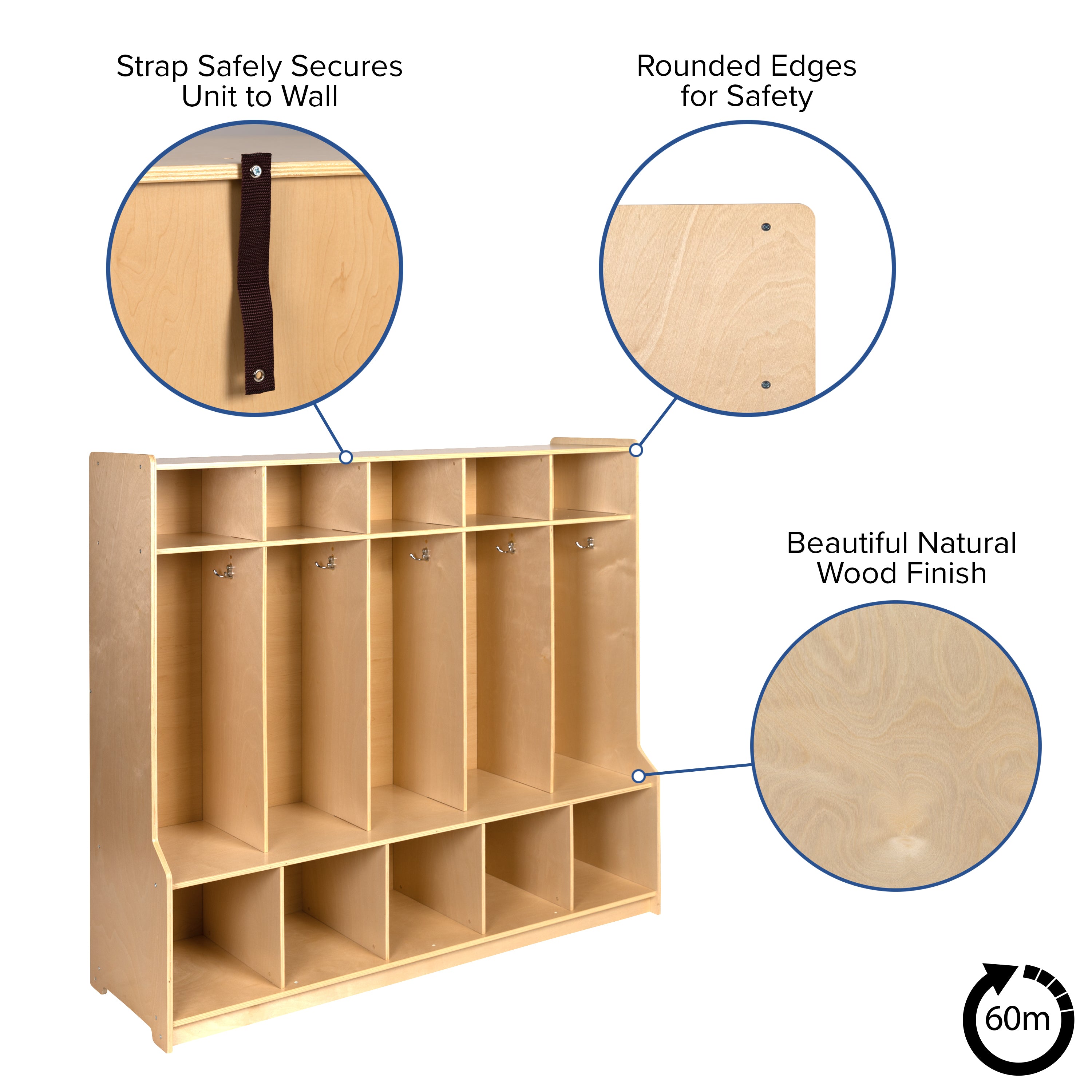 Hercules Wooden 5 Section School Coat Locker with Bench, Cubbies, and Storage Organizer Hook-Safe, Kid Friendly Design - 48"H x 48"L (Natural)