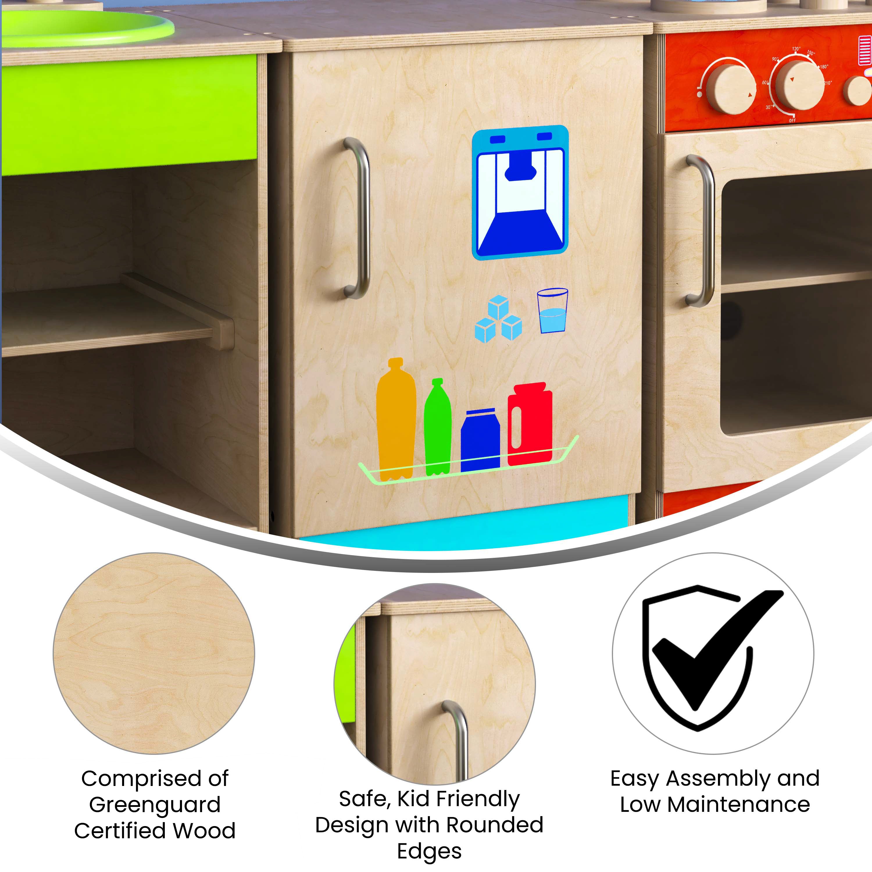 Bright Beginnings Commercial Grade Green Guard Certified Wooden Children's Kitchen Refrigerator with Integrated Storage