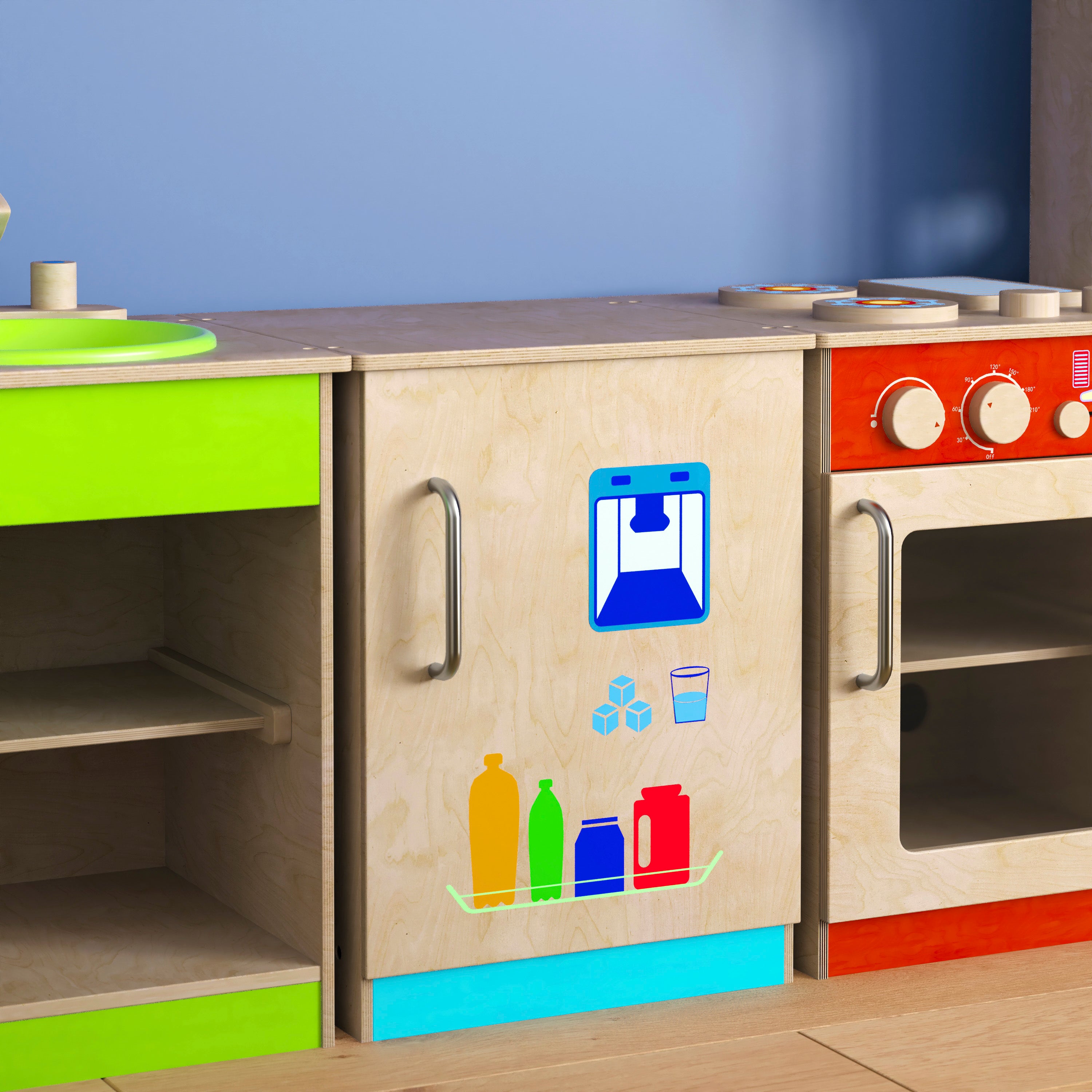 Bright Beginnings Commercial Grade Green Guard Certified Wooden Children's Kitchen Refrigerator with Integrated Storage