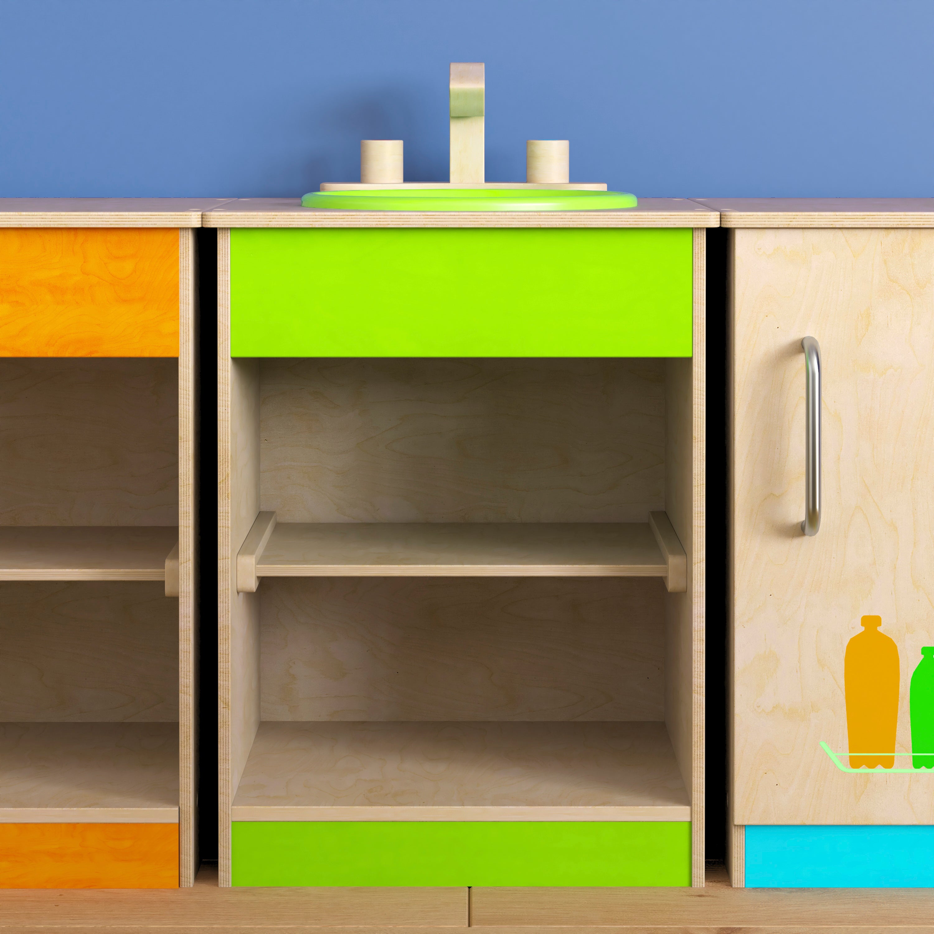 Bright Beginnings Commercial Grade Wooden Children's Kitchen Sink with Integrated Storage
