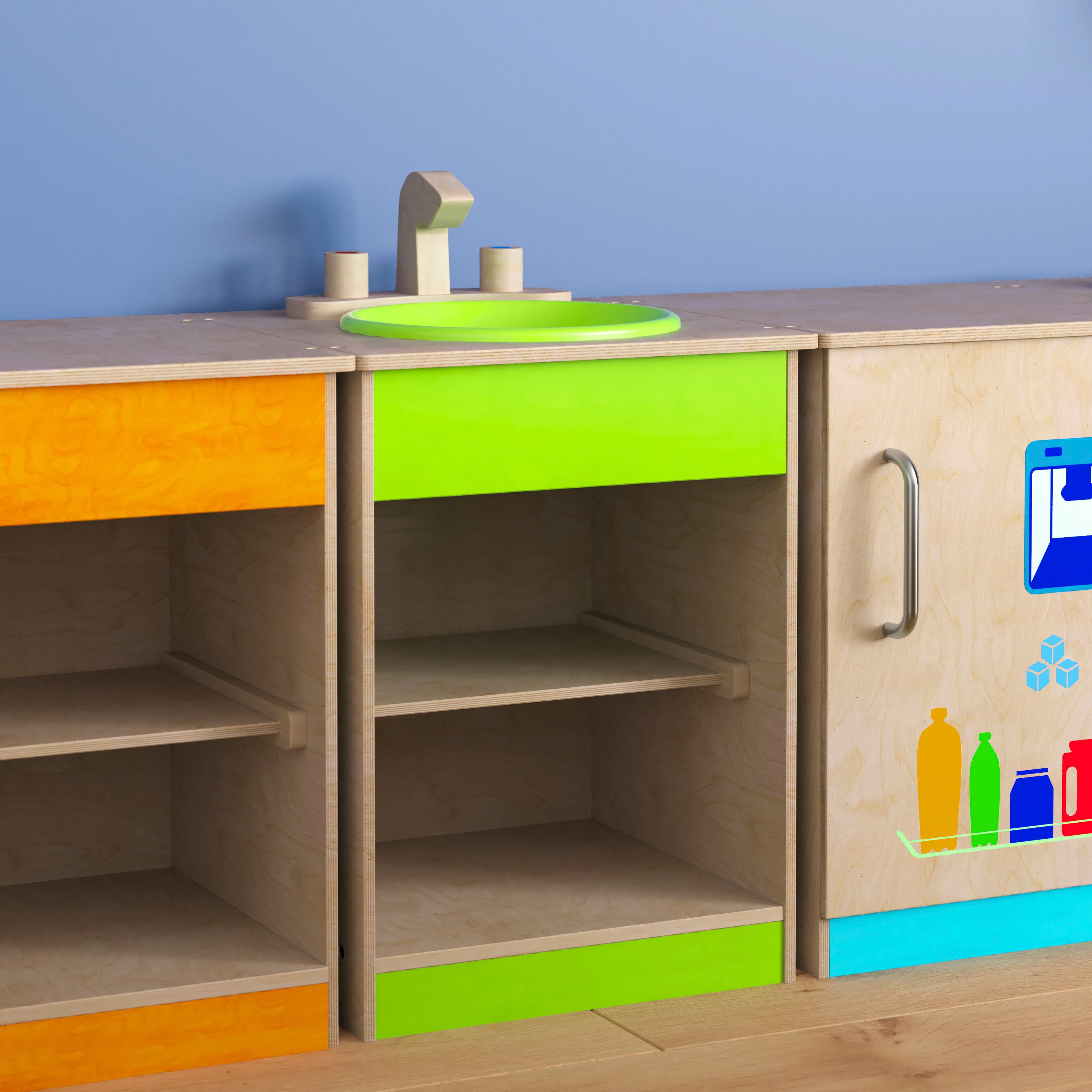 Bright Beginnings Commercial Grade Wooden Children's Kitchen Sink with Integrated Storage
