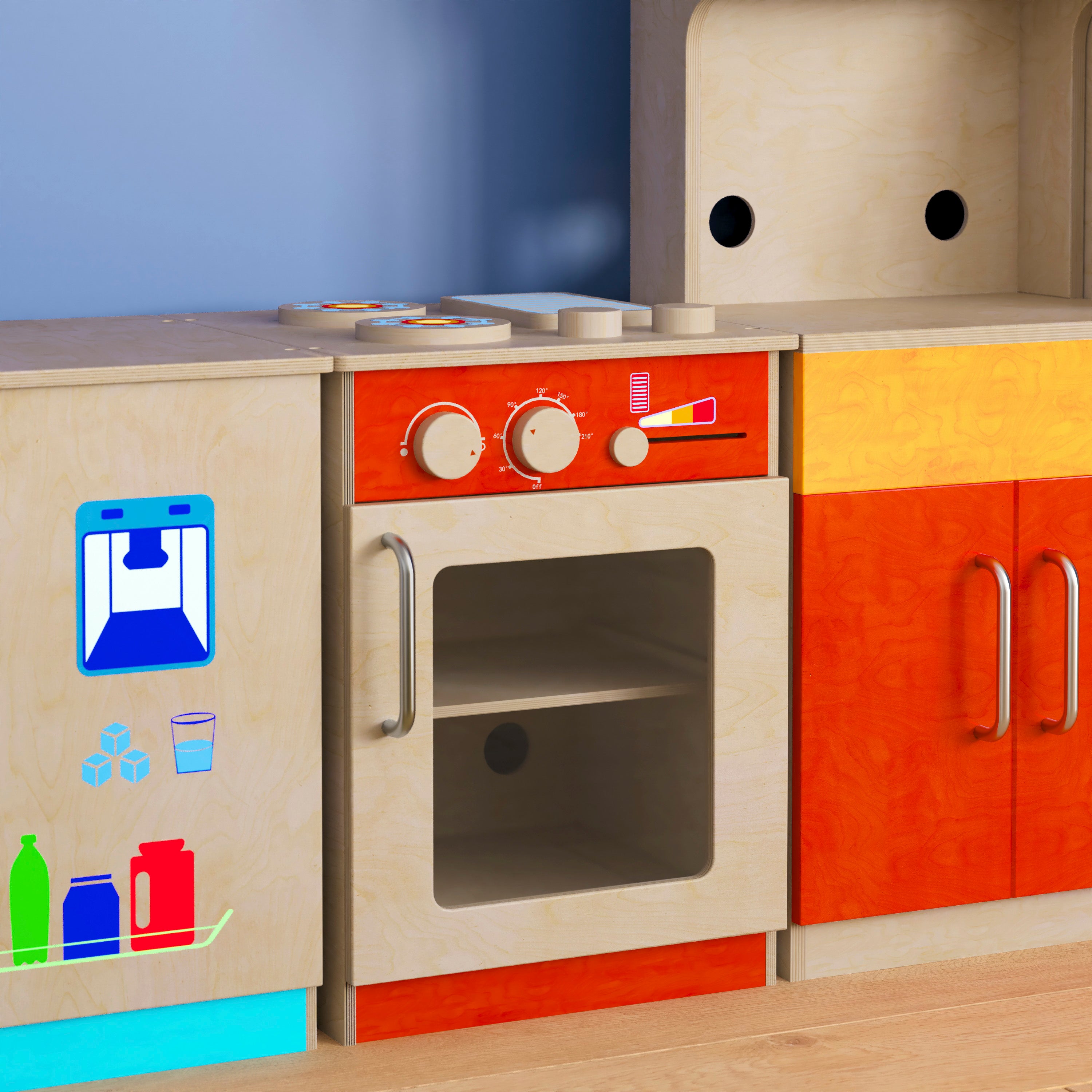 Bright Beginnings Commercial Grade Wooden Children's Kitchen Stove with Integrated Storage