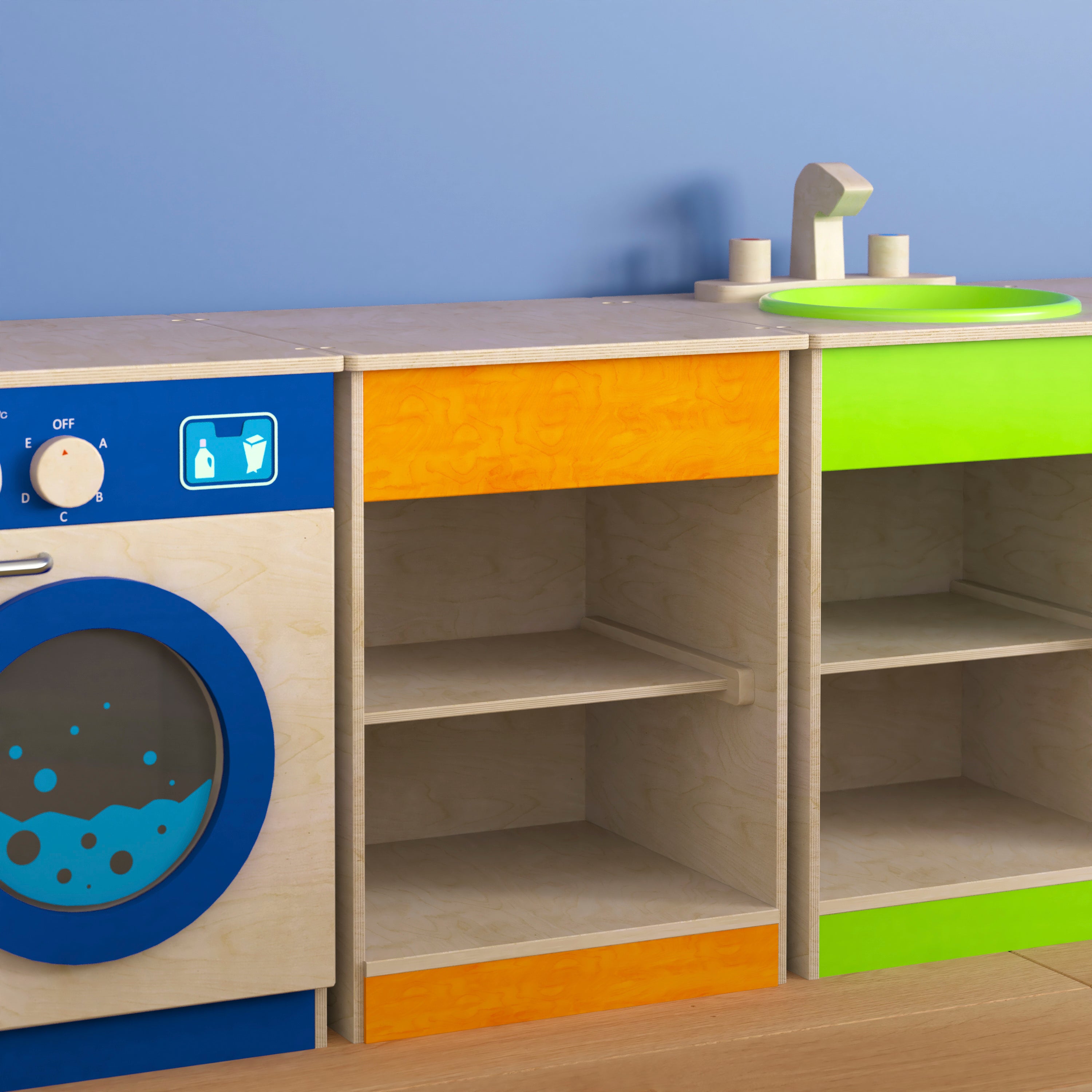 Bright Beginnings Commercial Grade Wooden Kid's Two Shelf Kitchen Cabinet