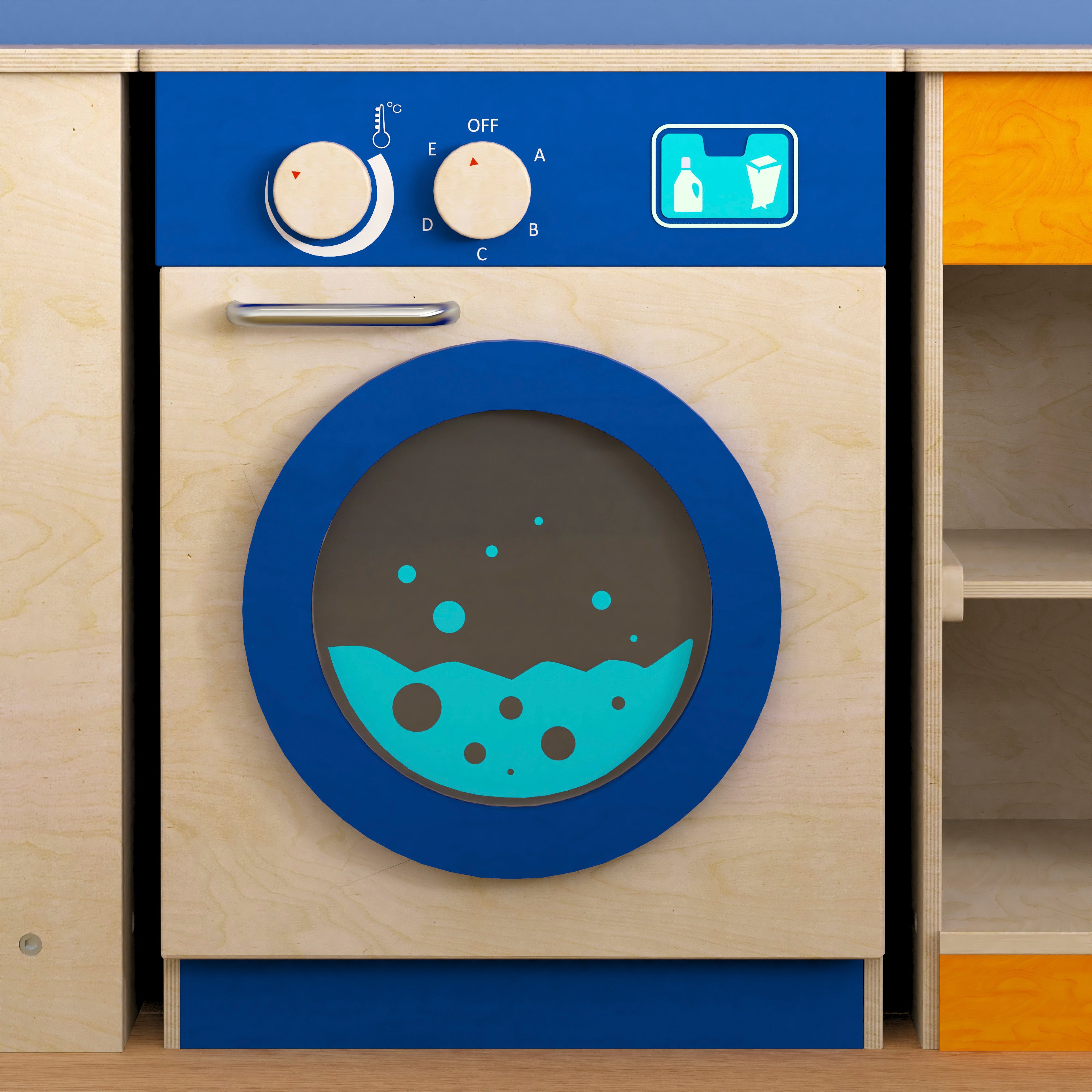 Bright Beginnings Commercial Grade Wooden Kid's Washing Machine with Integrated Storage and Turning Knobs