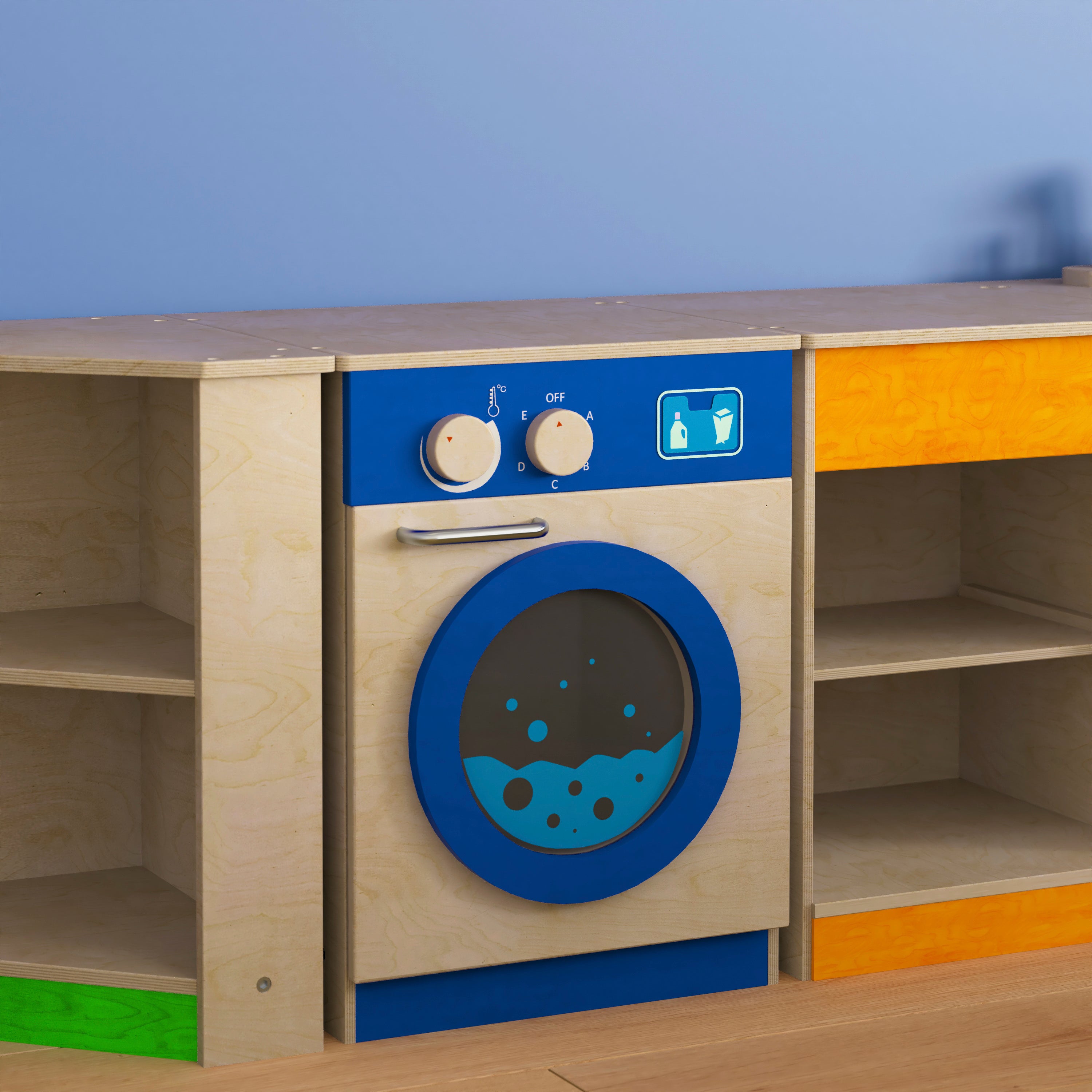 Bright Beginnings Commercial Grade Wooden Kid's Washing Machine with Integrated Storage and Turning Knobs