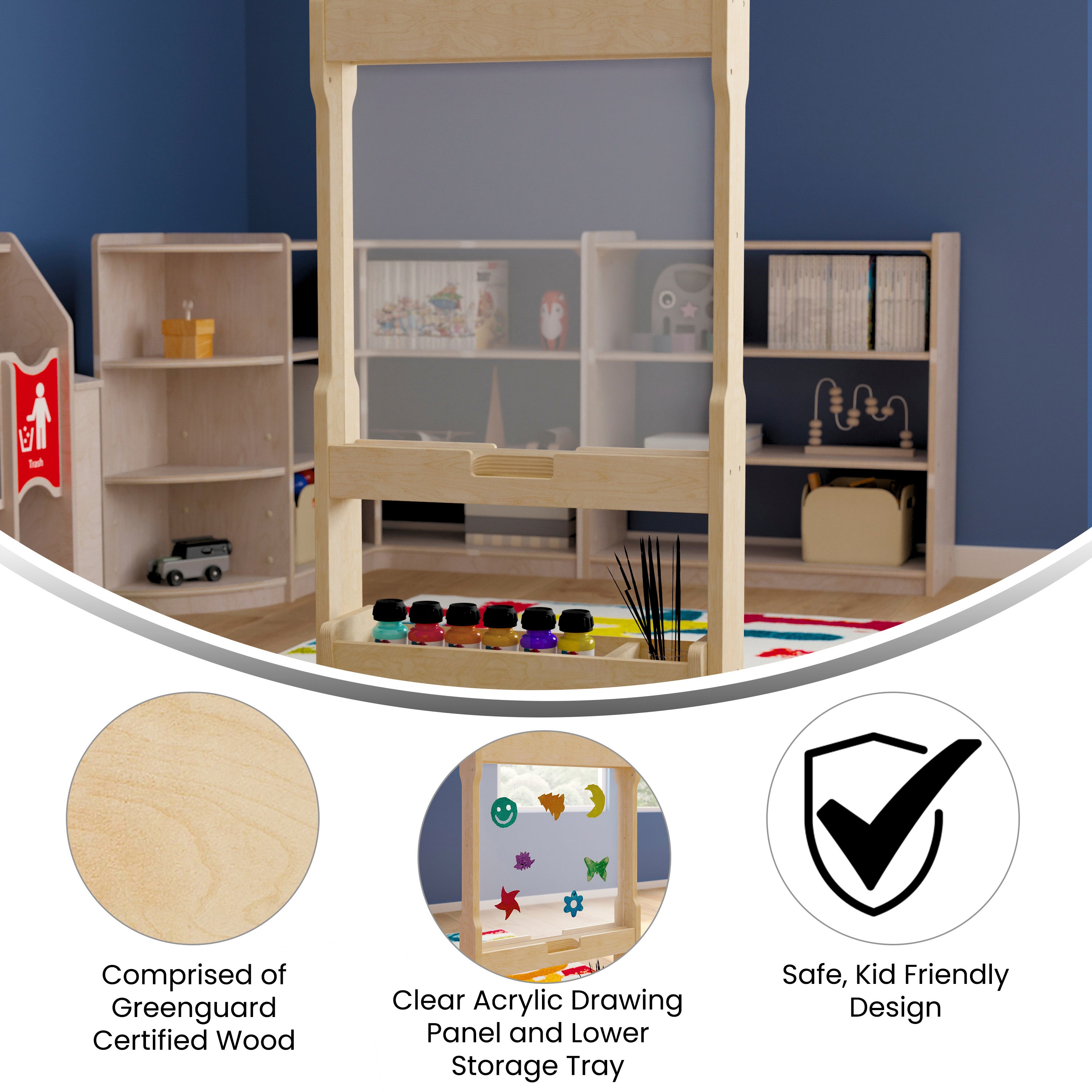 Bright Beginnings Commercial Double Sided Wooden Free-Standing STEAM Easel, Storage Tray, Acrylic Paint Window - Holds Two Accessory Panels, Natural