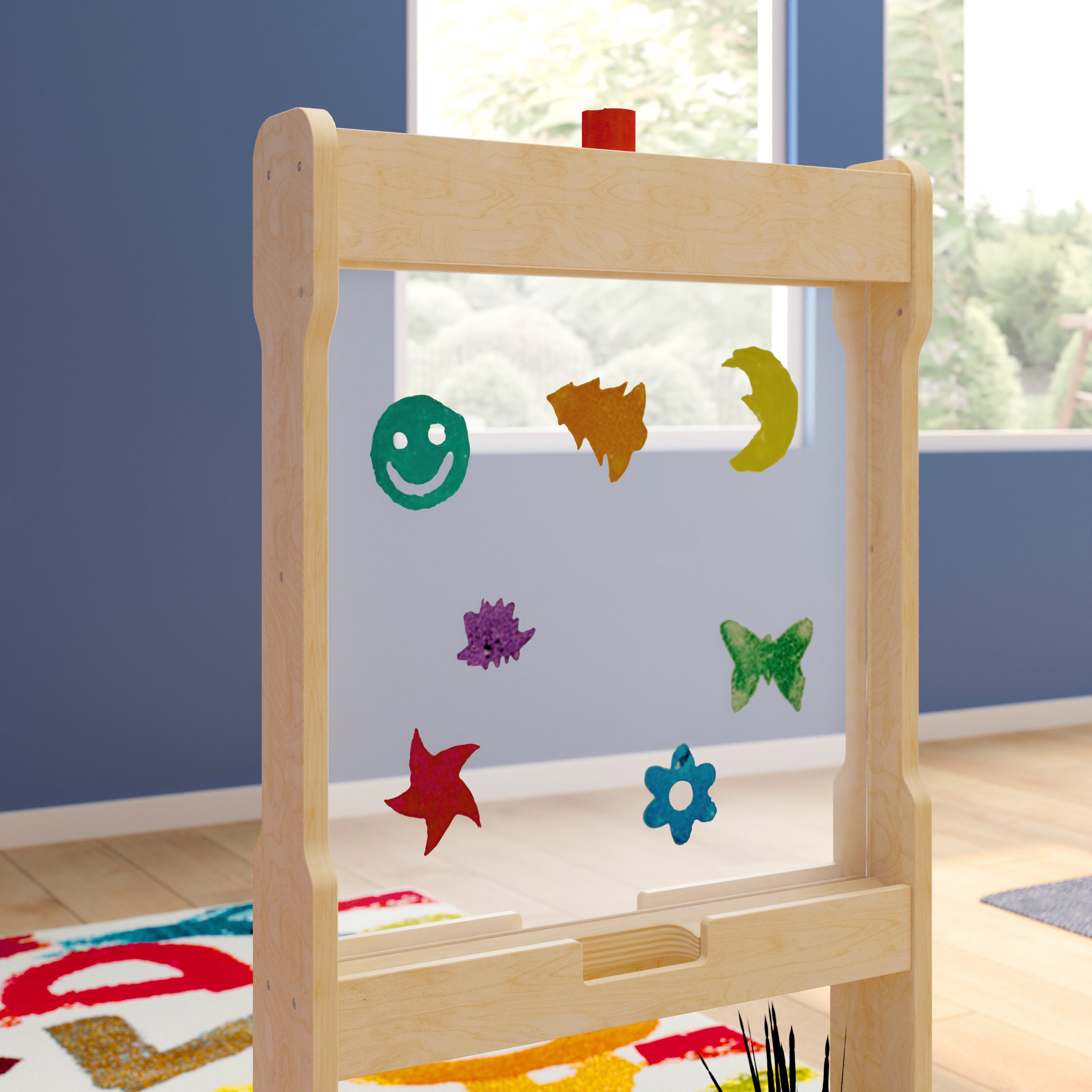 Bright Beginnings Commercial Double Sided Wooden Free-Standing STEAM Easel, Storage Tray, Acrylic Paint Window - Holds Two Accessory Panels, Natural