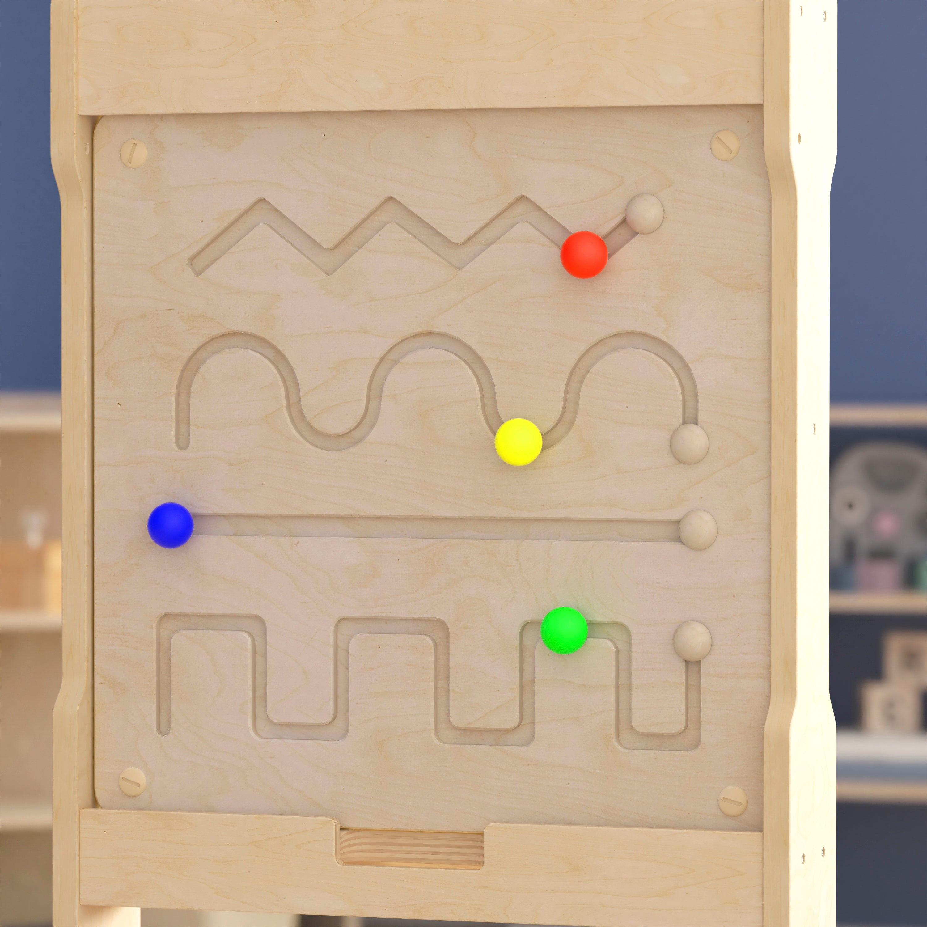 Bright Beginnings Commercial Grade STEAM Wall Activity Board with Natural Finish and Multicolor Accents, Lines and Patterns