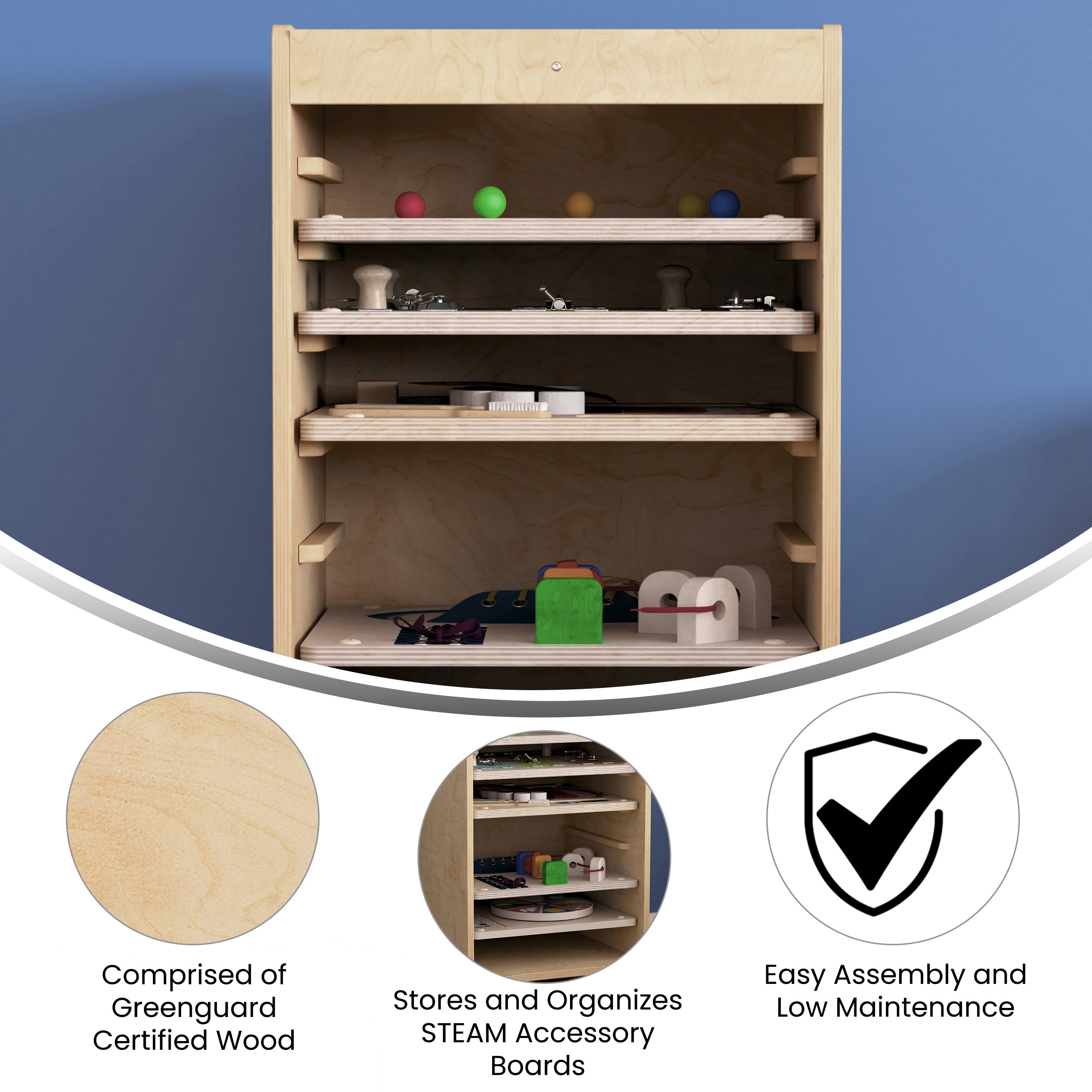 Bright Beginnings Commercial Space Saving Wooden Mobile STEAM Wall Accessory Board Storage Cart, Locking Caster Wheels, Kid Friendly Design, Natural