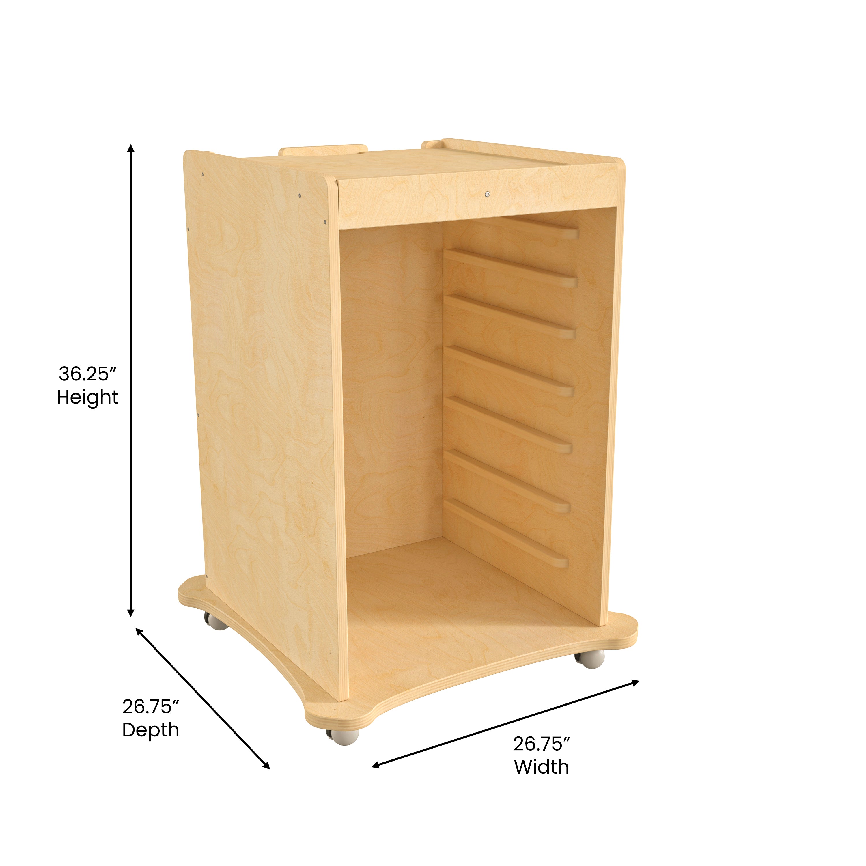Bright Beginnings Commercial Space Saving Wooden Mobile STEAM Wall Accessory Board Storage Cart, Locking Caster Wheels, Kid Friendly Design, Natural