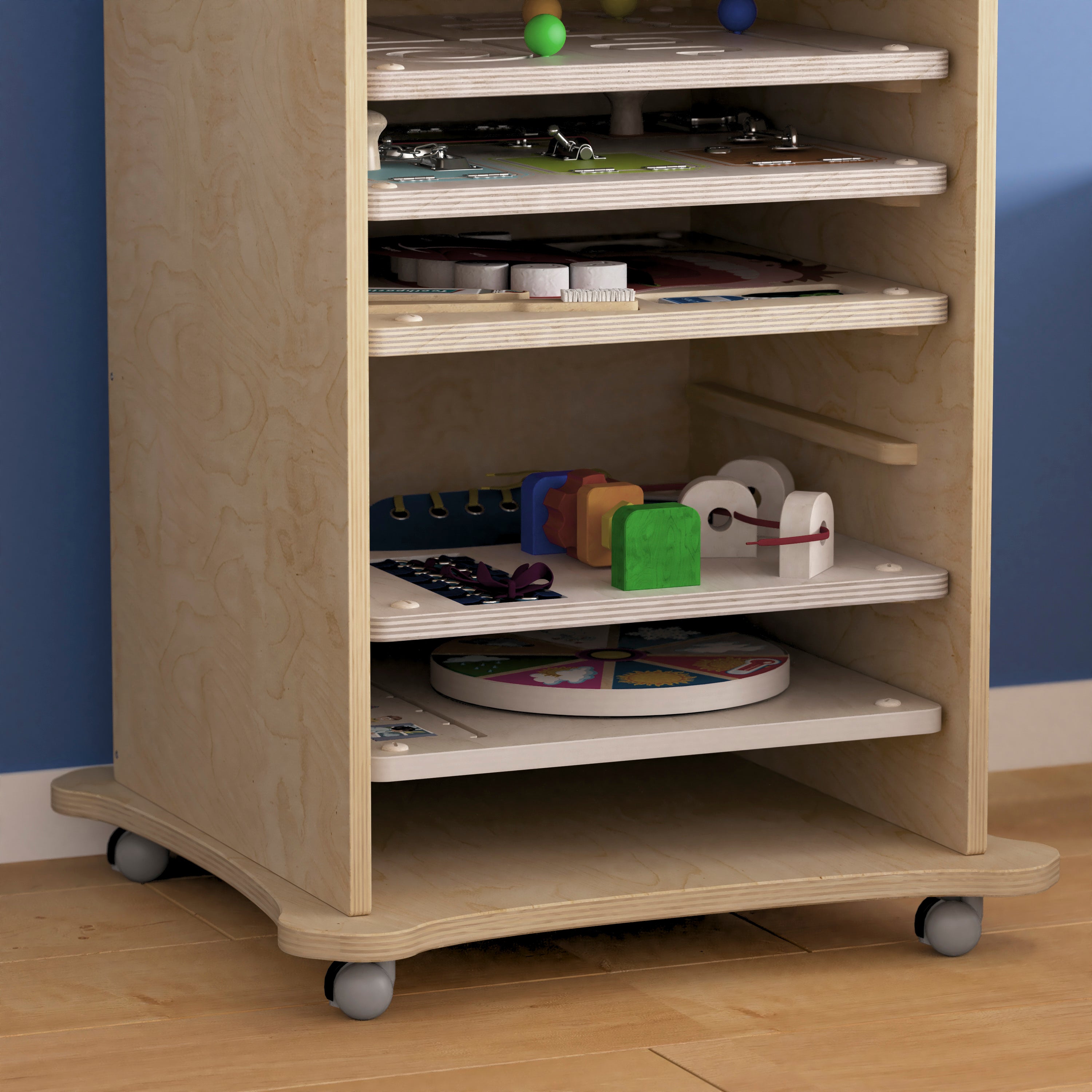 Bright Beginnings Commercial Space Saving Wooden Mobile STEAM Wall Accessory Board Storage Cart, Locking Caster Wheels, Kid Friendly Design, Natural