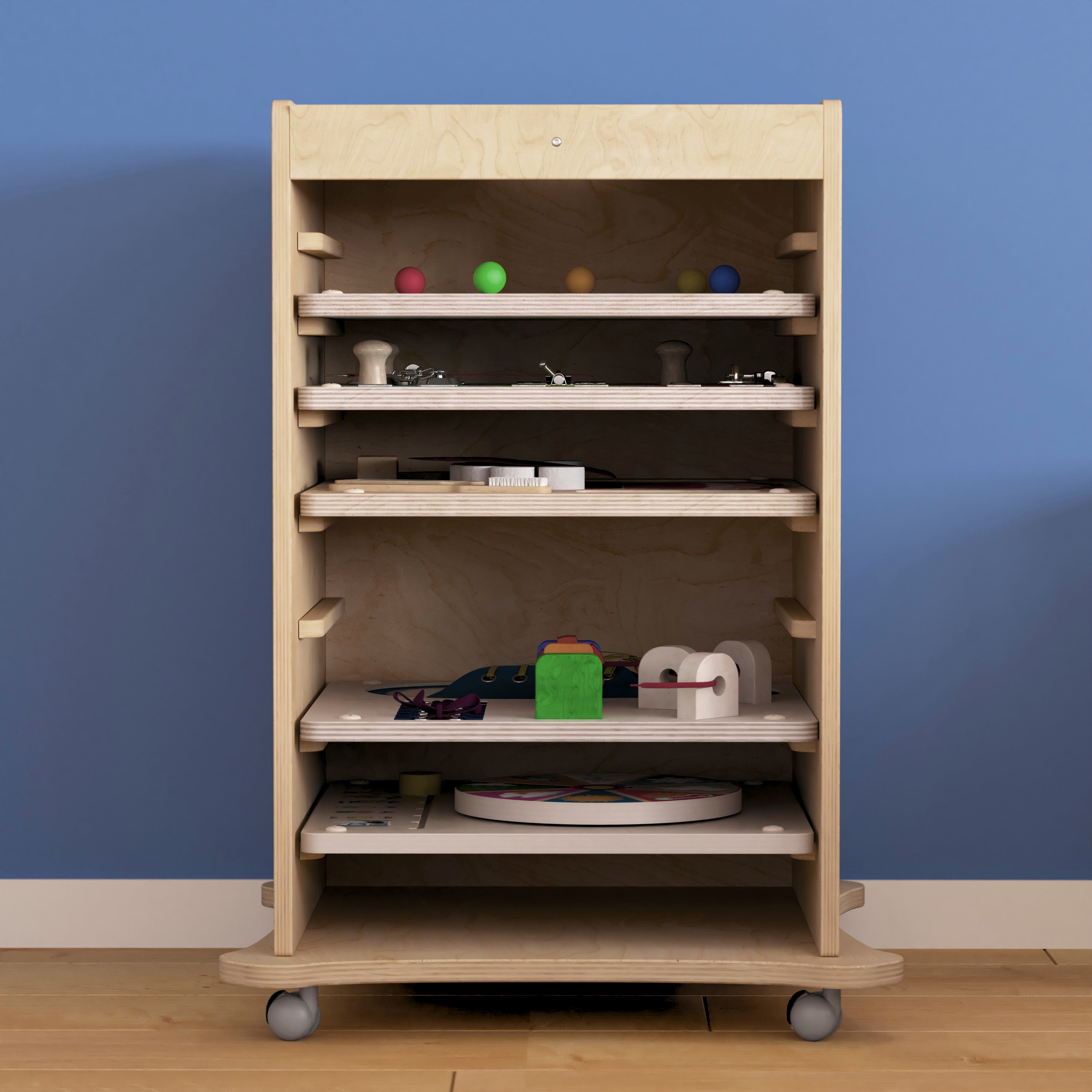 Bright Beginnings Commercial Space Saving Wooden Mobile STEAM Wall Accessory Board Storage Cart, Locking Caster Wheels, Kid Friendly Design, Natural