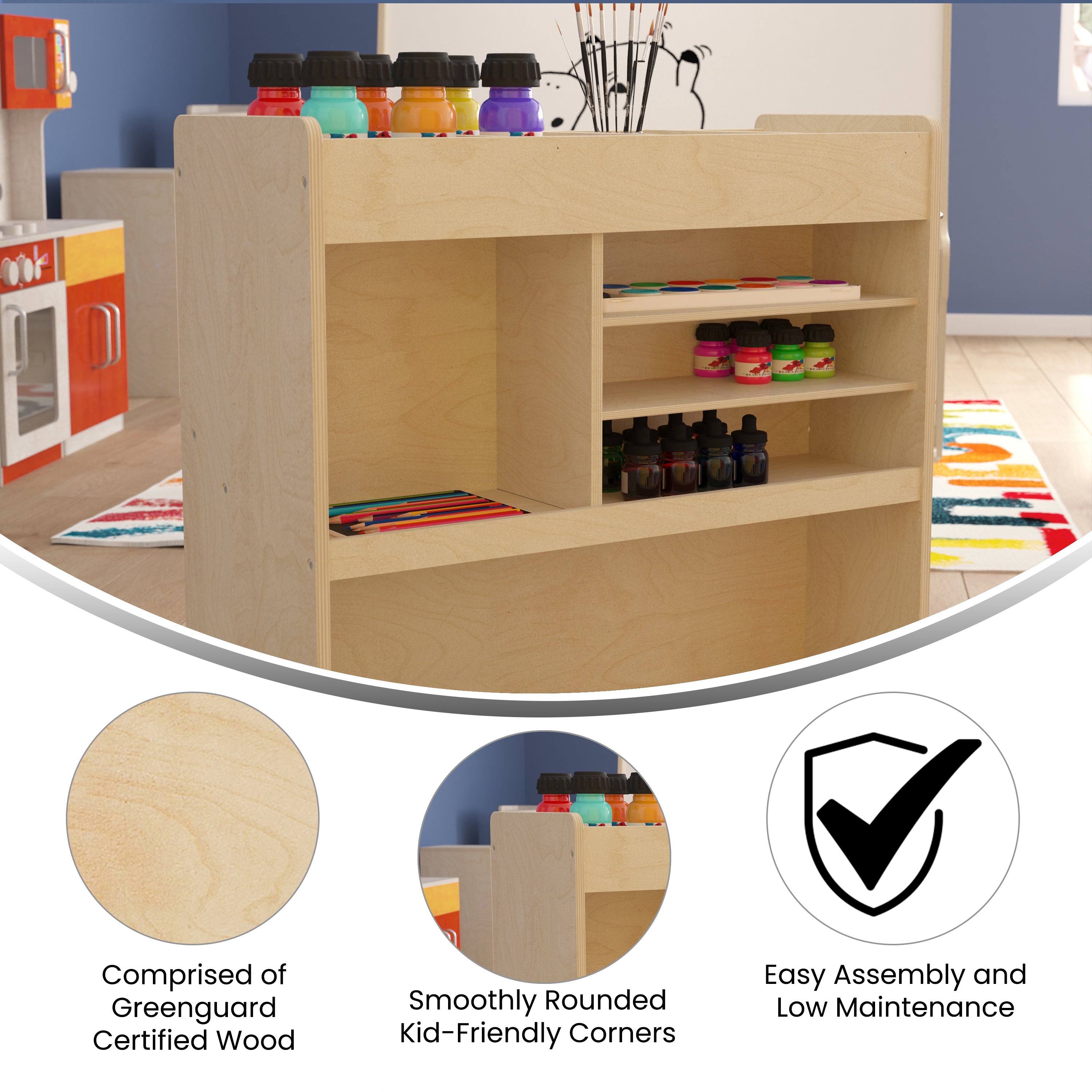 Bright Beginnings Commercial Grade Wooden Mobile Storage Cart with 4 Top Storage Compartments, 5 Cubbies and Locking Caster Wheels