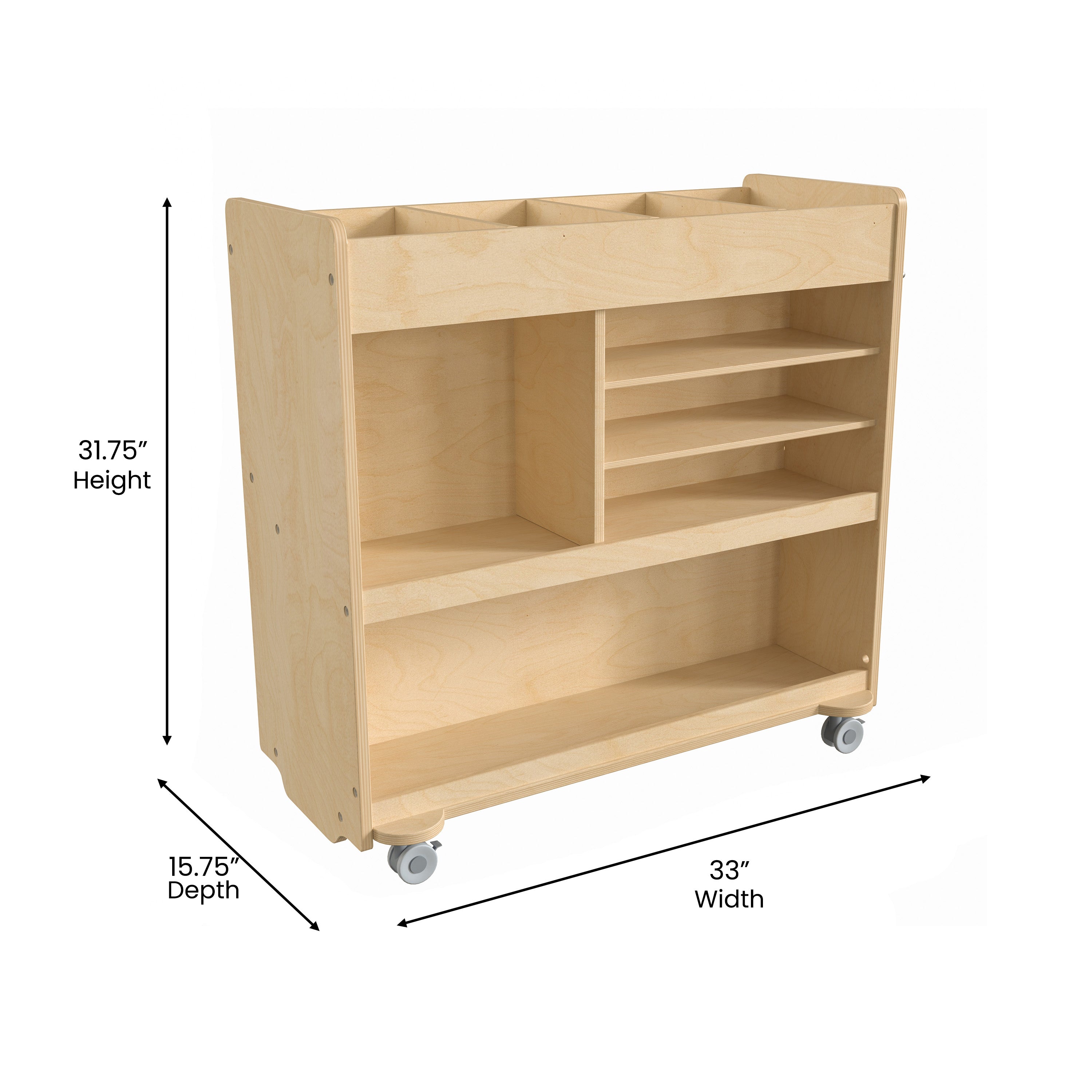 Bright Beginnings Commercial Grade Wooden Mobile Storage Cart with 4 Top Storage Compartments, 5 Cubbies and Locking Caster Wheels