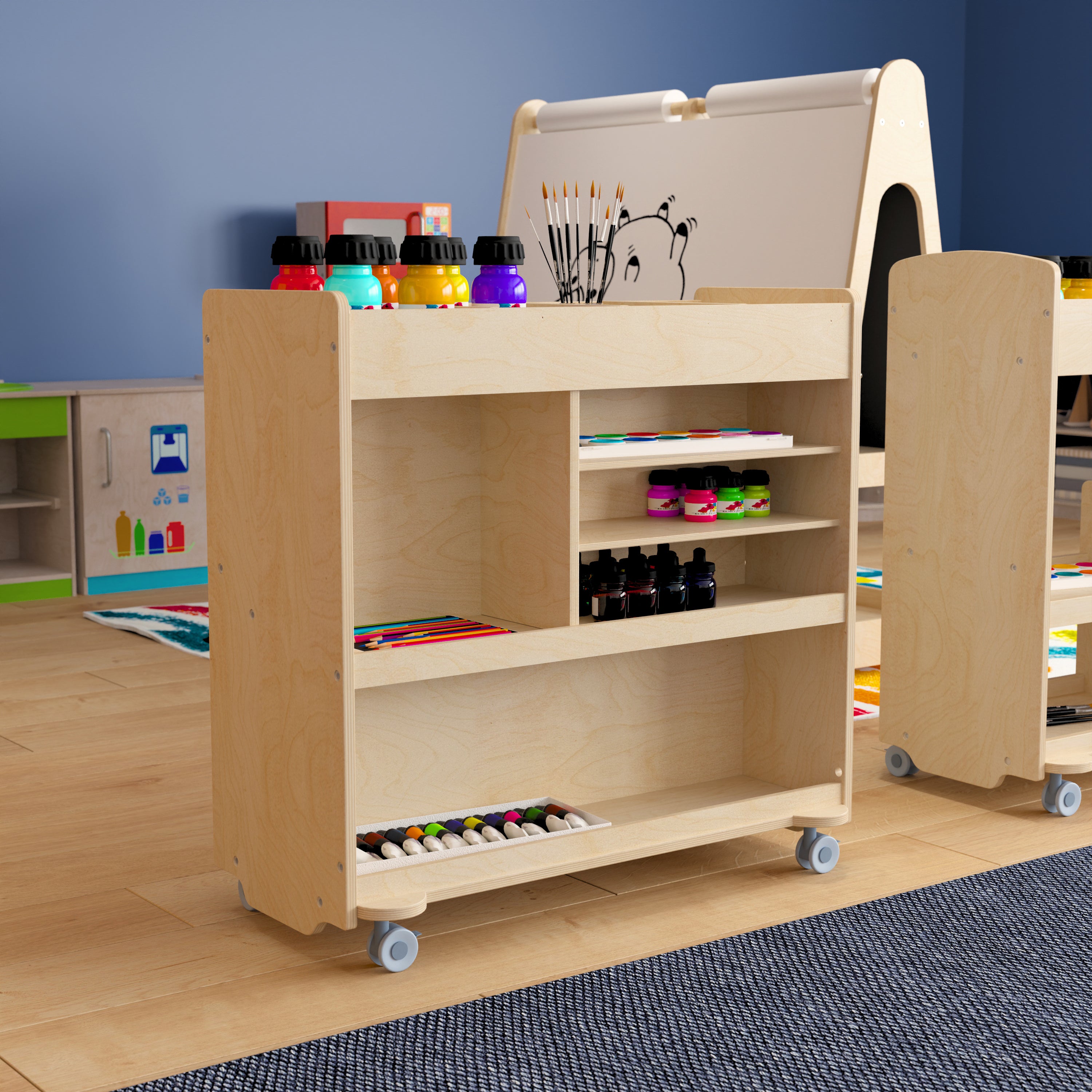 Bright Beginnings Commercial Grade Wooden Mobile Storage Cart with 4 Top Storage Compartments, 5 Cubbies and Locking Caster Wheels